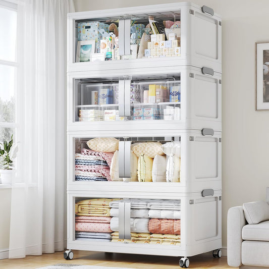 BROVIEW 640QT Stackable Storage Bins with Lids, 160Gal Extra Large Collapsible Storage Box with Wheel, Plastic Storages with Clear Door Open Front for Home Kitchen Garage, White-4pack(4 lids)