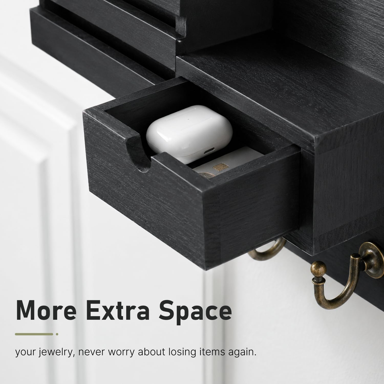 FifthQuarter Key Holder Wall Mount with Drawer and 6 Sturdy Hooks, A-Black