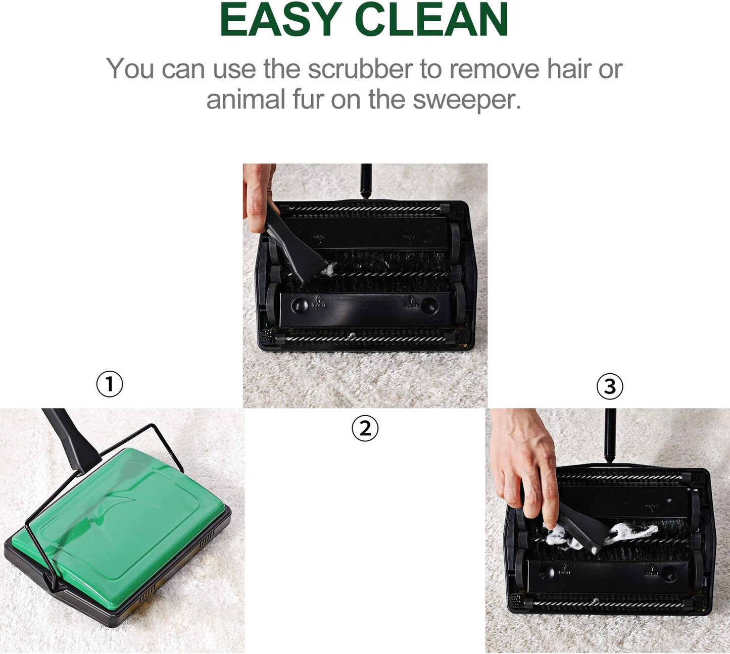 Yocada Carpet Sweeper Cleaner for Home Office Low Carpets Rugs Undercoat Carpets Pet Hair Dust Scraps Paper Small Rubbish Cleaning with a Brush Green