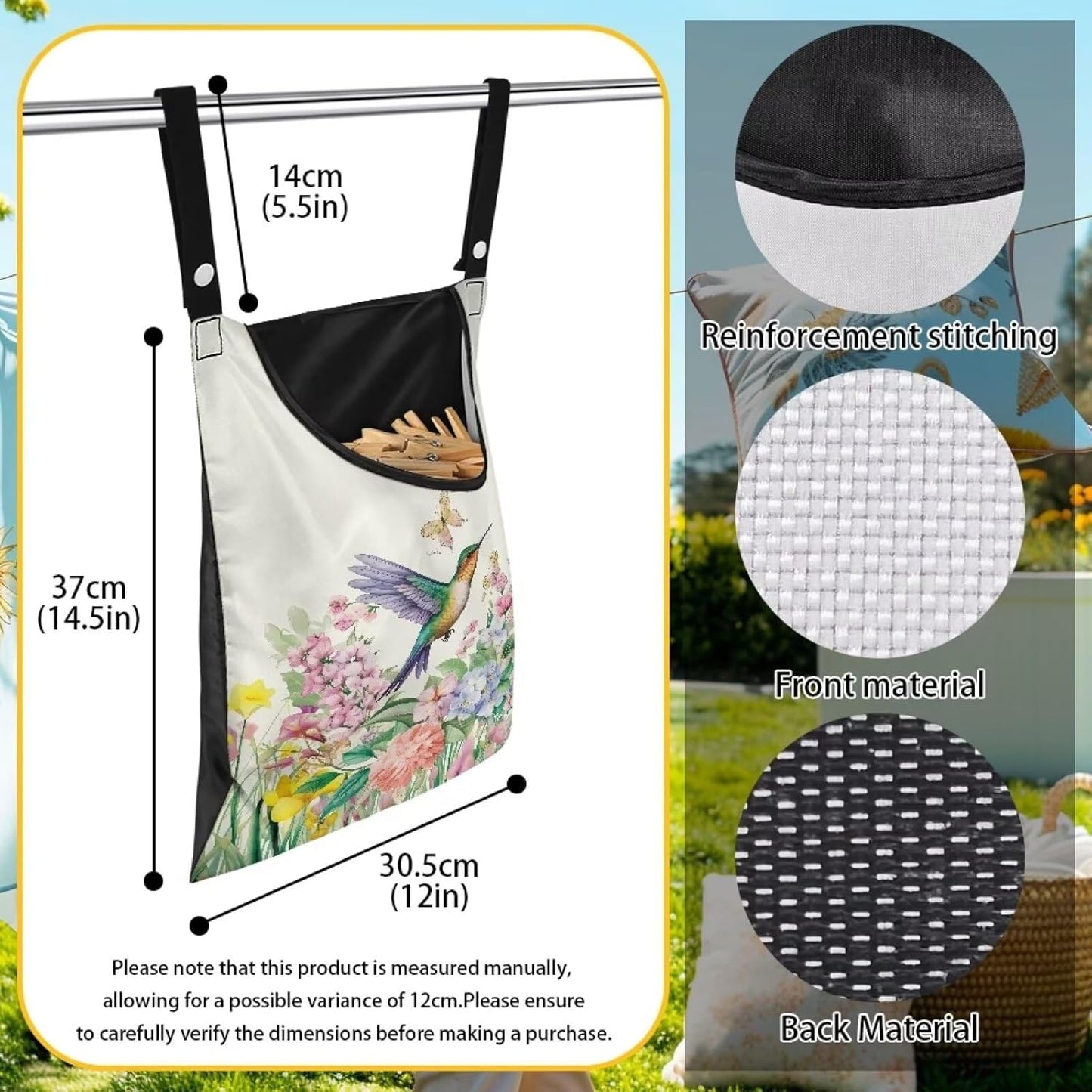 Hummingbird Handy Clothespin Bags Floral Space-Saving Clothespin Storage Hanger Bag, Hanging Storage Organizer with Hanging Rope for Home Outdoor Supply