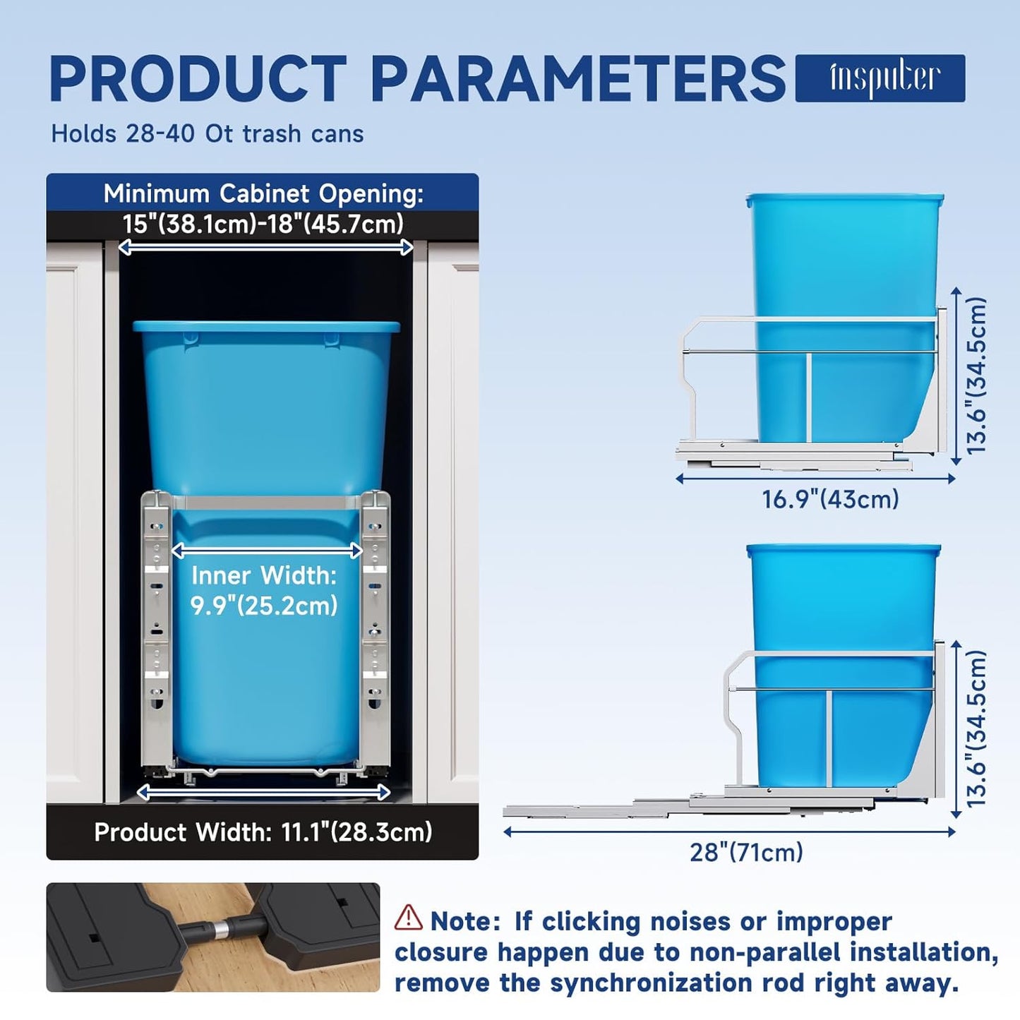 Pull Out Trash Can Under Cabinet with Push to Open Slides, Insputer Heavy Duty Under Sink Garbage Can Kit for Kitchen, Laundry, Not Included Bin, Requires 15" W X 18" D Cabinet, has Installation video