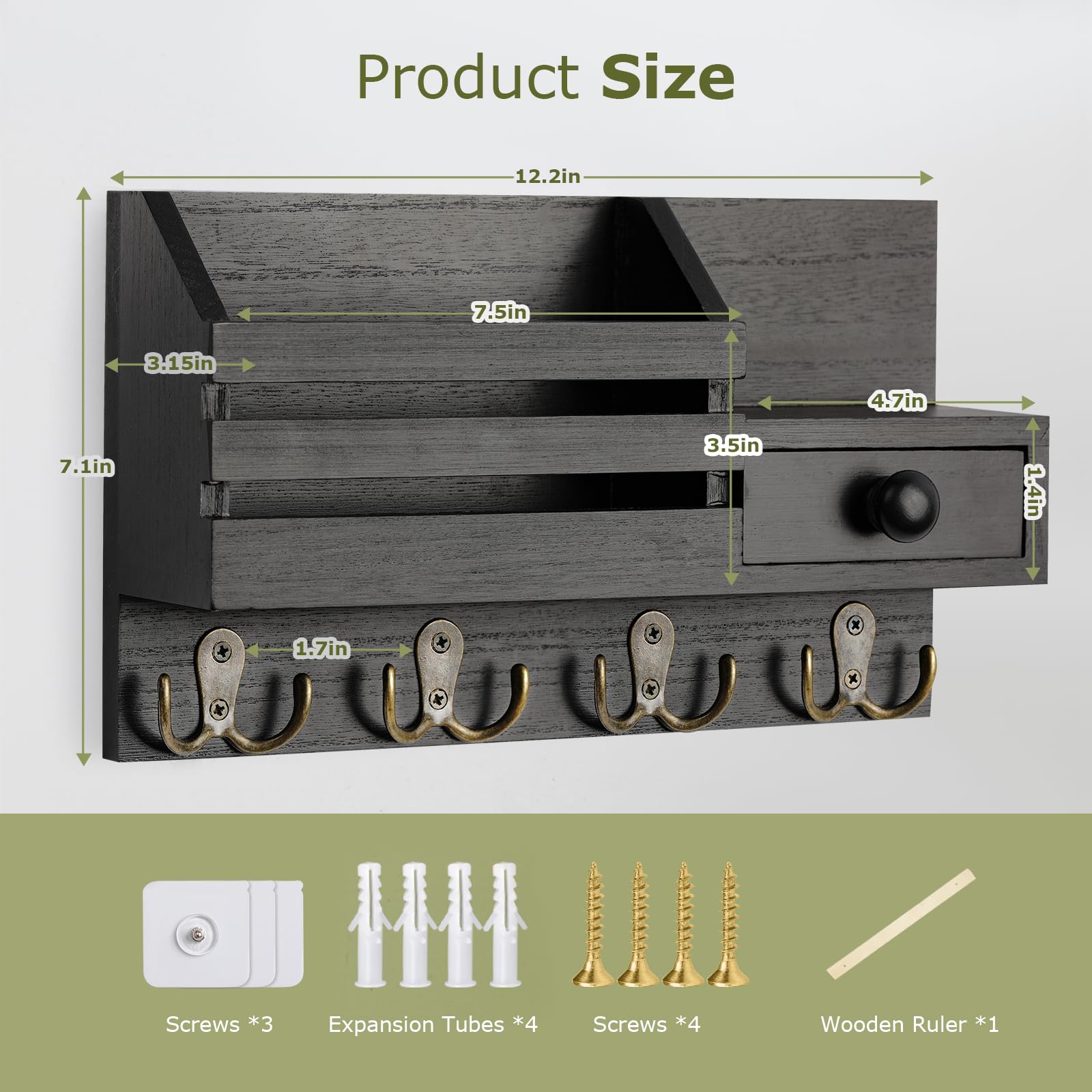 HOMEBROS Key Holder Wall Mount, Wooden Key and Mail Organizer, Black