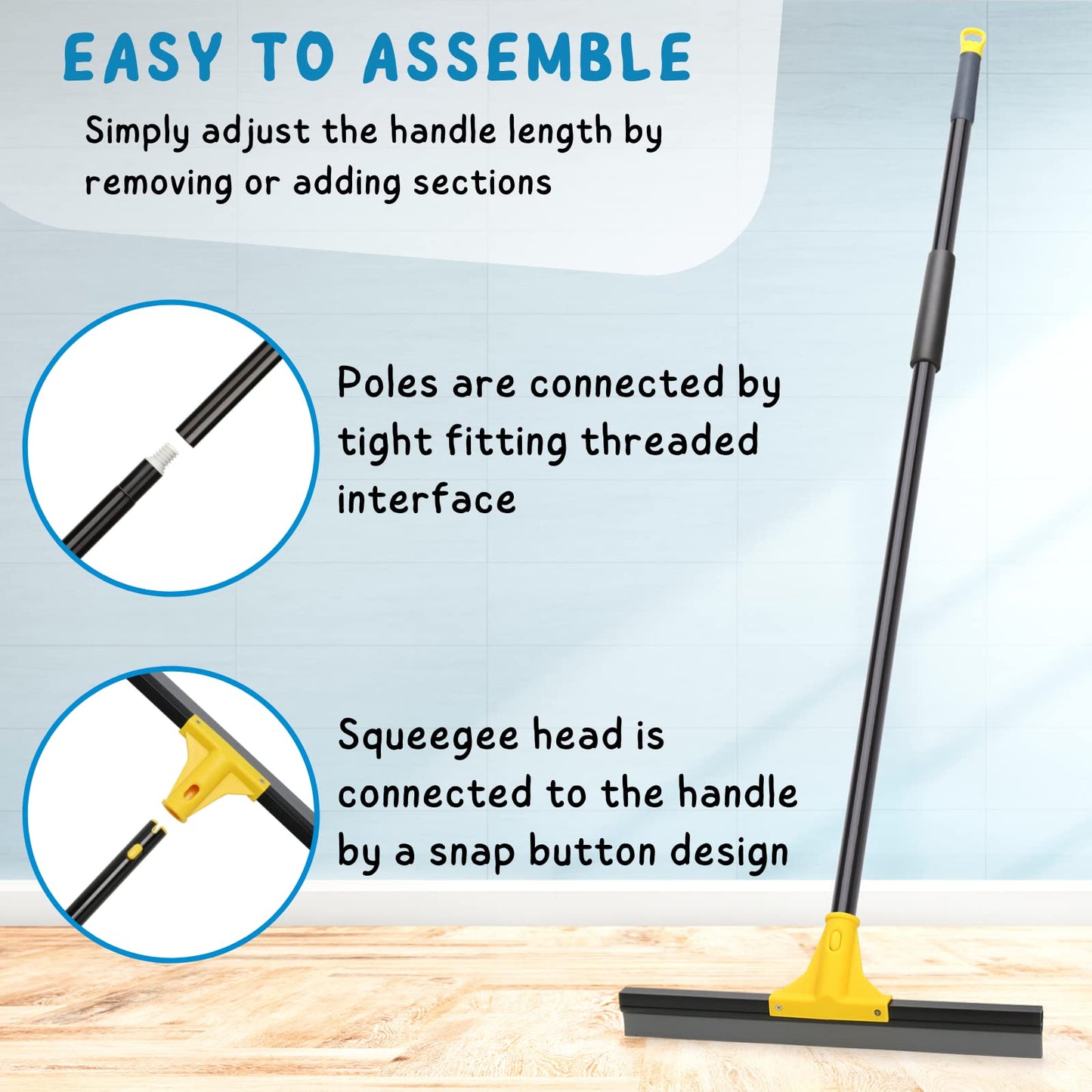 Squeegee Broom for Floor, 18'' Heavy Duty Rubber Wiper with 60'' Long Handle for Bathroom Tile
