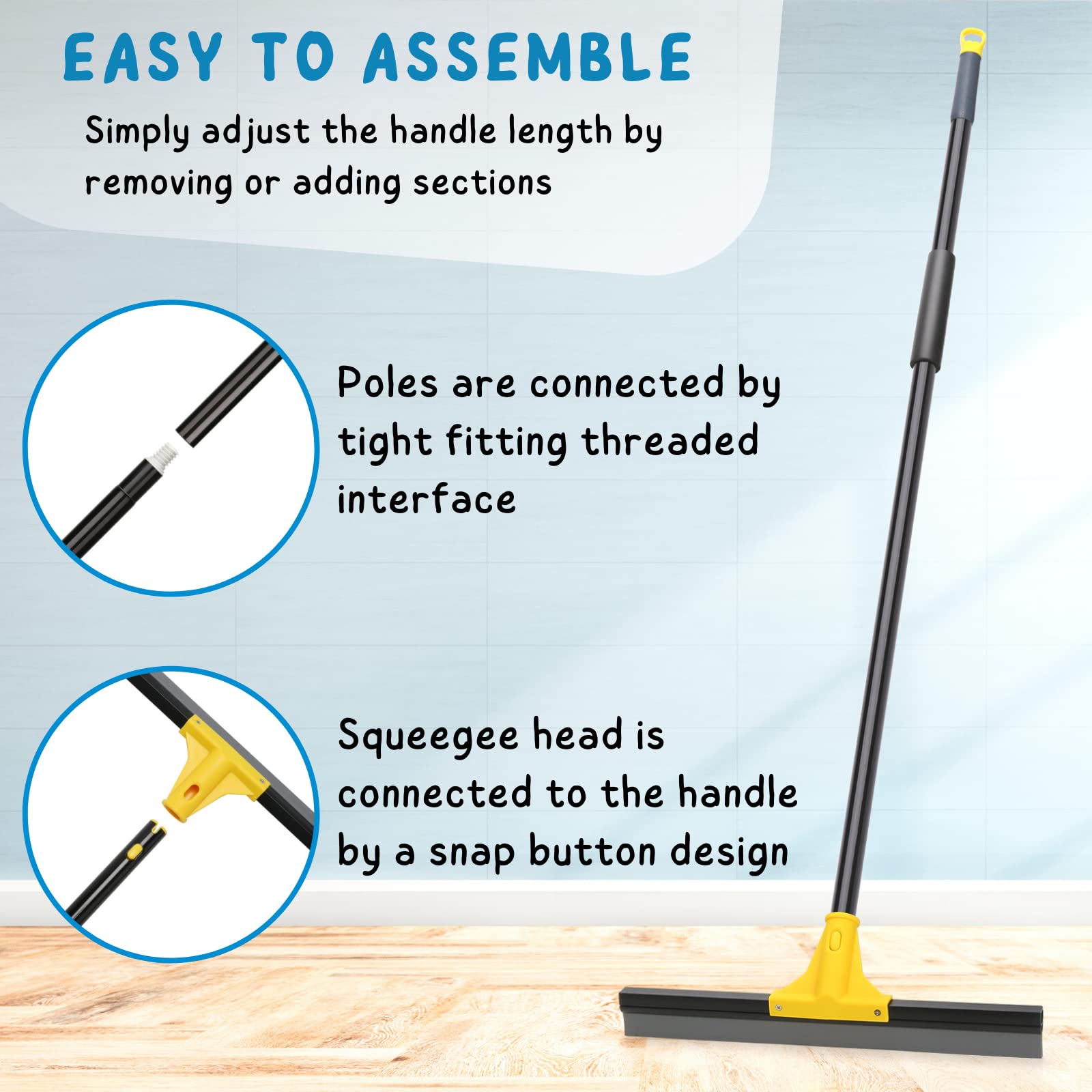 Squeegee Broom for Floor, 18'' Heavy Duty Rubber Wiper with 60'' Long Handle for Bathroom Tile