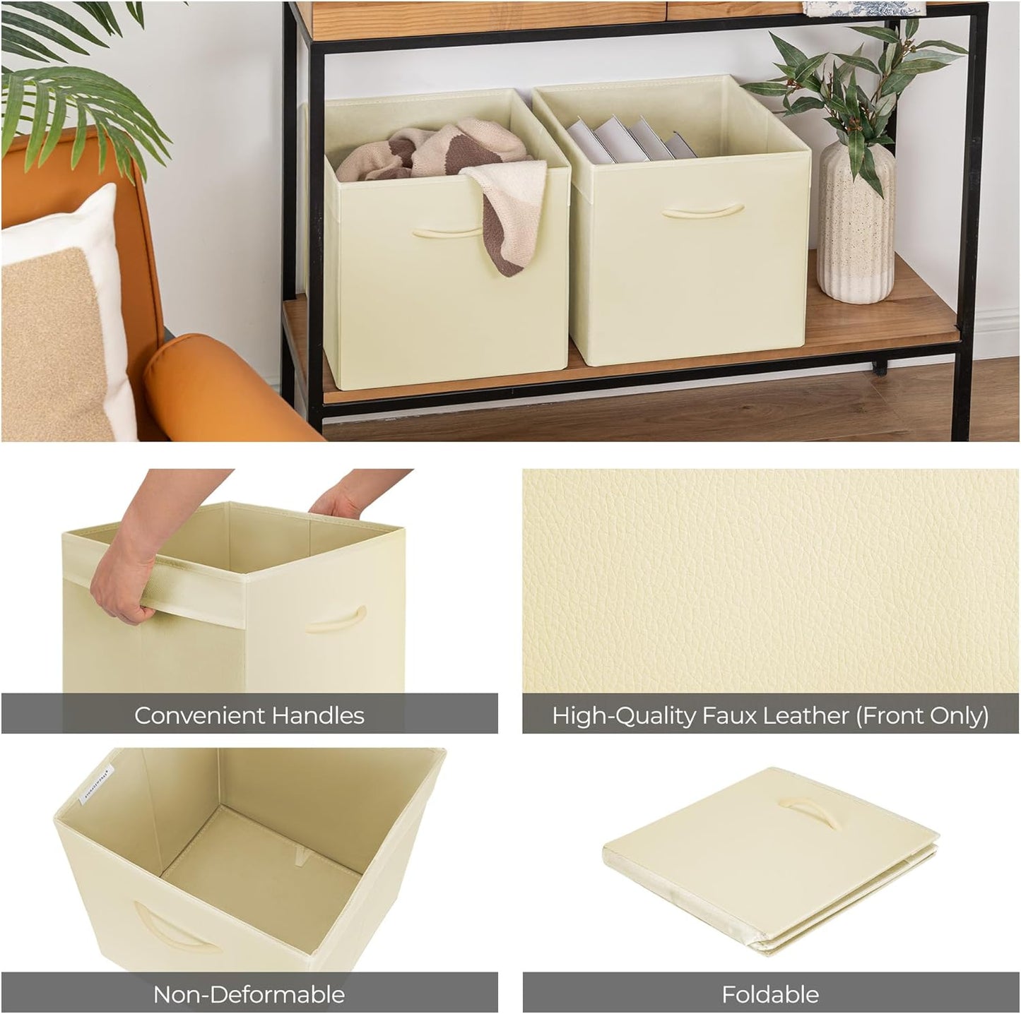 StorageWorks Beige Storage Cubes, 13x13 Storage Cube Bins with Handle, Cube Storage Organizer Bins for Shelves and Closet, Collapsible Storage Bins, 4-Pack
