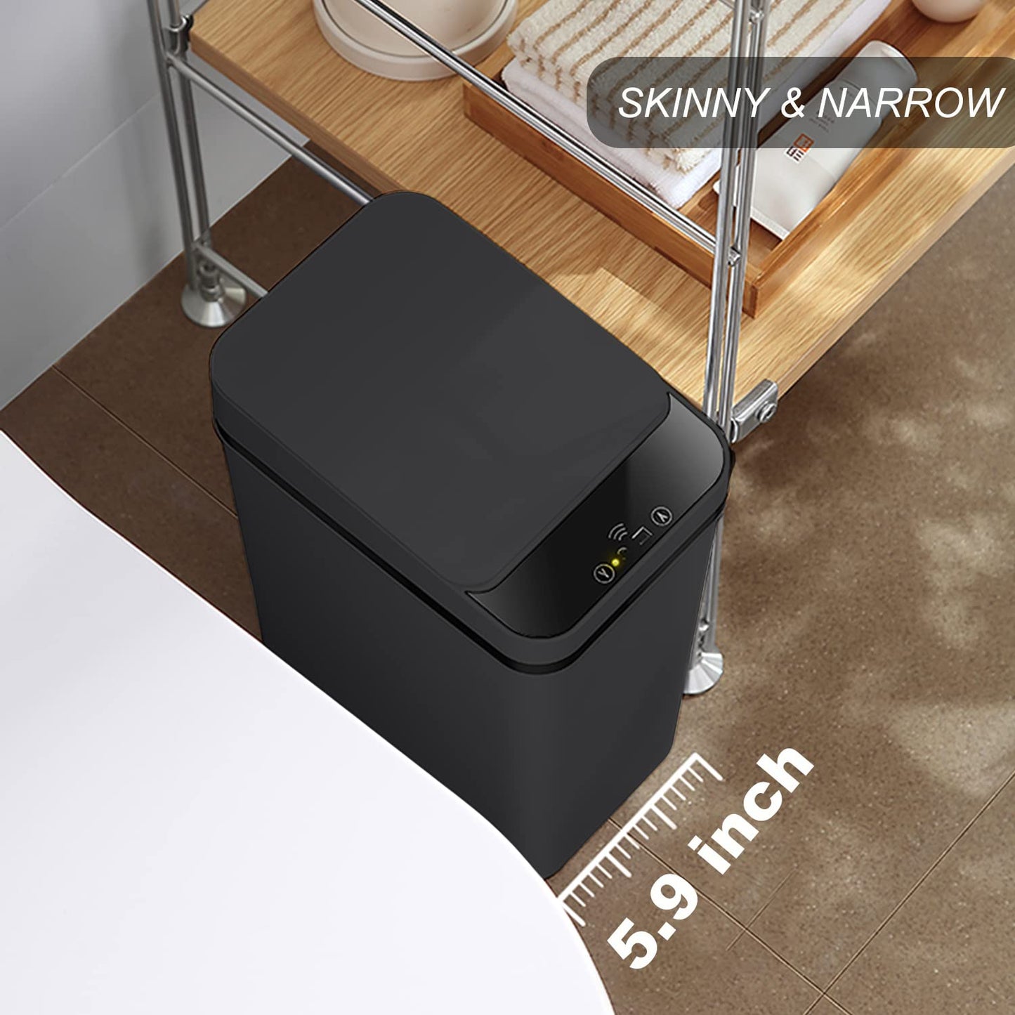 Yatmung Touchless Bathroom Trash Can - 2.5 Gallon Smart Trash Can Sensor Motion - Skinny Trash Bin with Lid - Electric, Narrow, Plastic, Auto Open - Small Slim Automatic Garbage Can (Black)