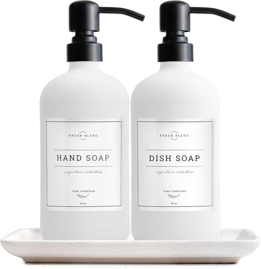 Vine Creations Glass Soap Dispenser, 2 Pack Kitchen Soap Dispenser Set with Ceramic Tray, Stainless Steel Pump, Dish Soap and Hand Soap Dispensers for Bathroom or Kitchen Decor with Waterproof Labels