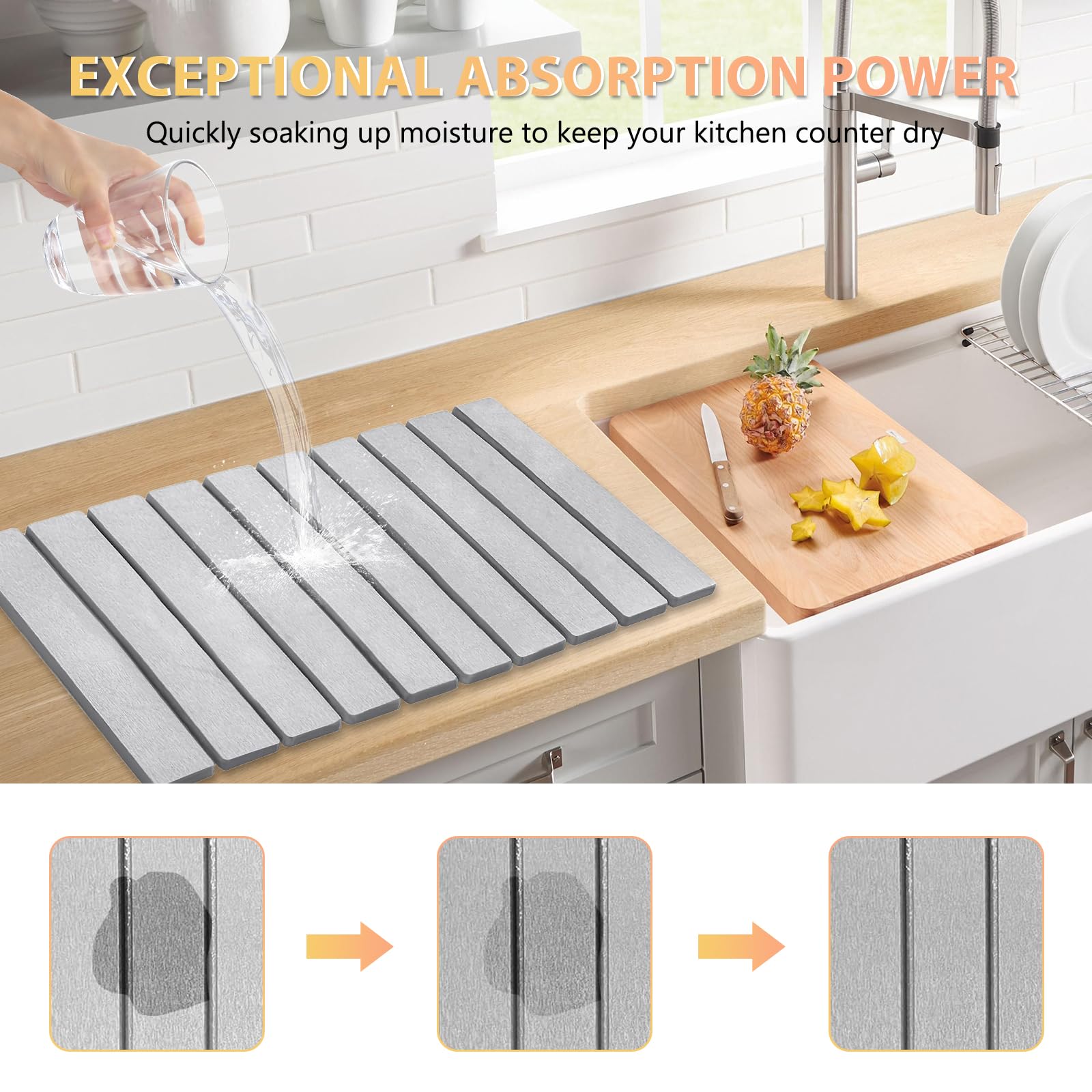 Large Stone Dish Drying Mat for Kitchen Counter, 24"×16" – Quick Drying Diatomaceous Earth, Super