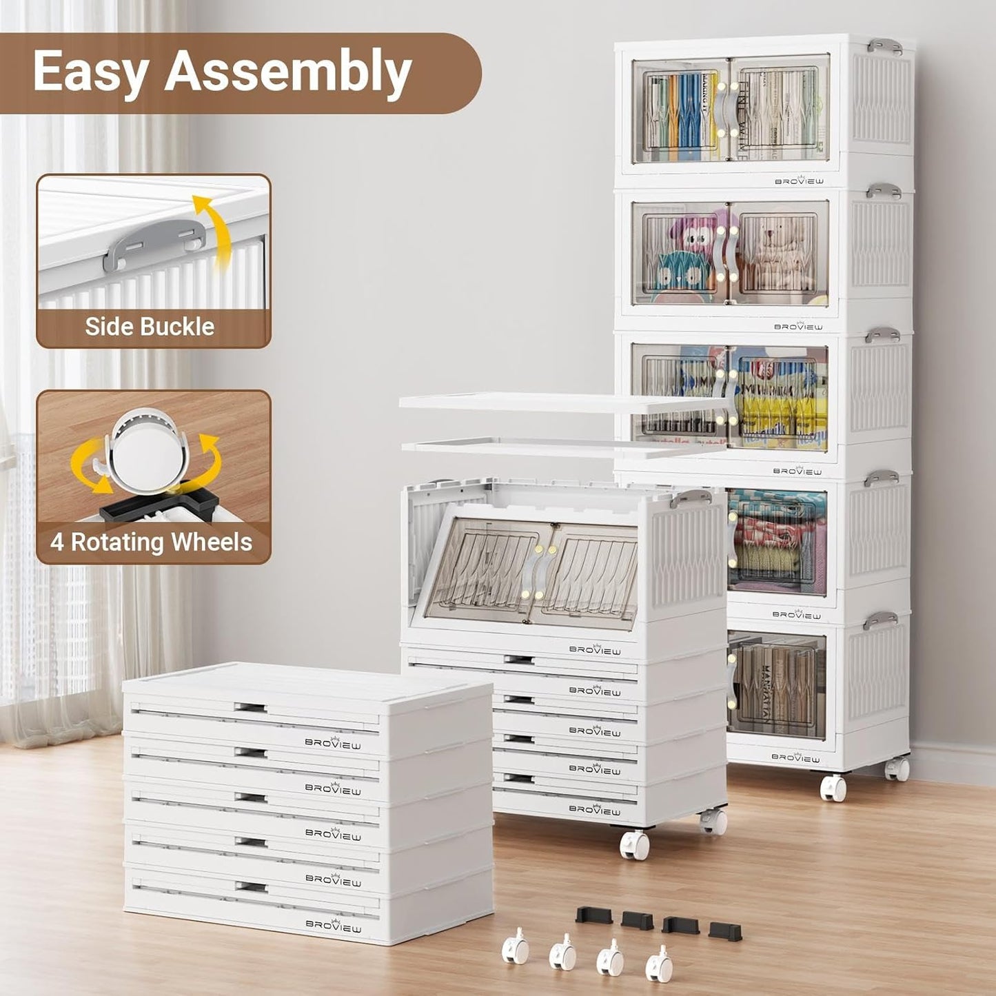 BROVIEW 135Qt Stackable Storage Bins with Lid, Extra Large Closet Organizer Collapsible Drawer Boxes with Wheels, Folding Plastic Cabinet Containers for Home Kitchen Room Organization, 3Pack White