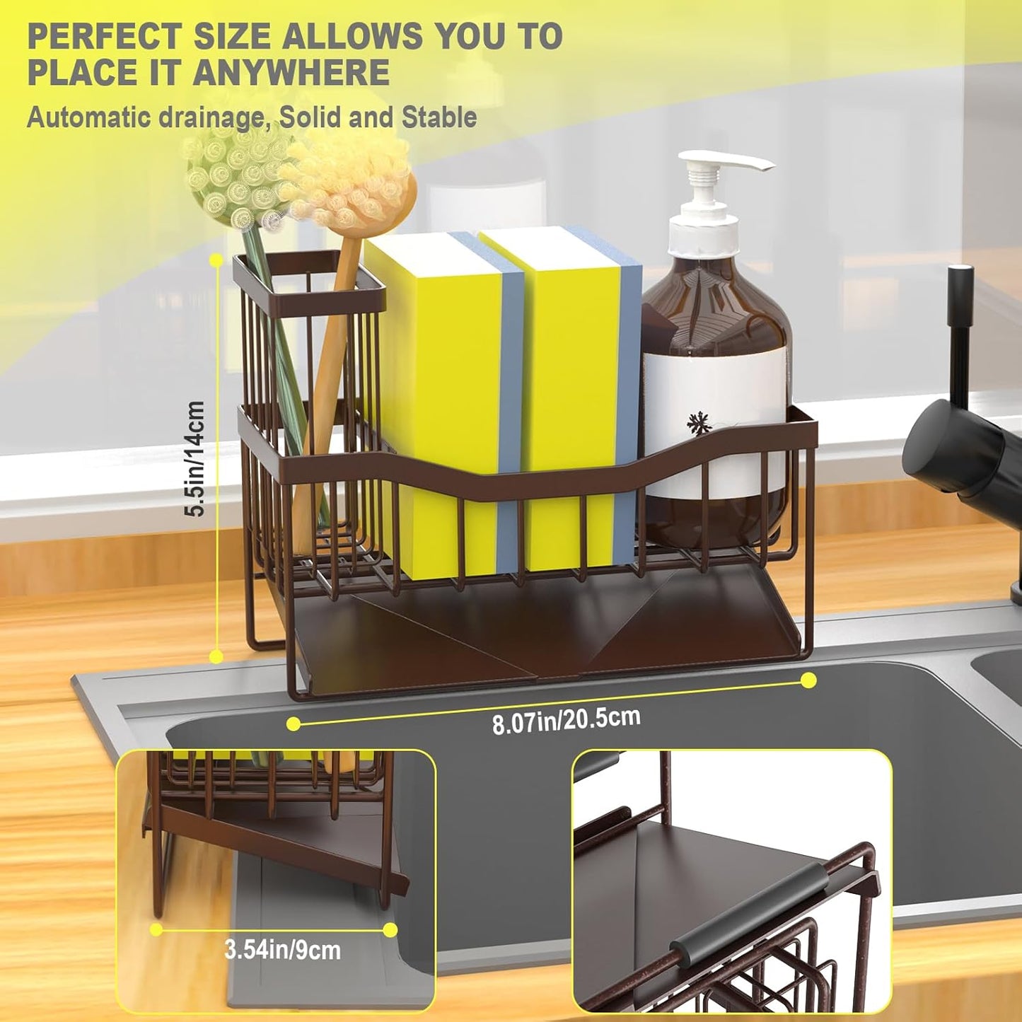 Maifan Sink Caddy Sponge Holder for Kitchen with Brush Holder and Stainless Steel Self Drain Tray, Rustproof Kitchen Sink Organizer for Sponge, Soap Dispenser Storage Accessories