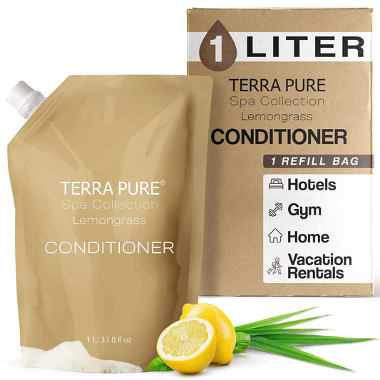 Terra Pure Spa Collection 1 Liter Conditioner Refill Bag For Soap Dispensers | Bulk Toiletries for Vacation Rentals, and Home Bathroom Showers | Green Tea Lemongrass | Single