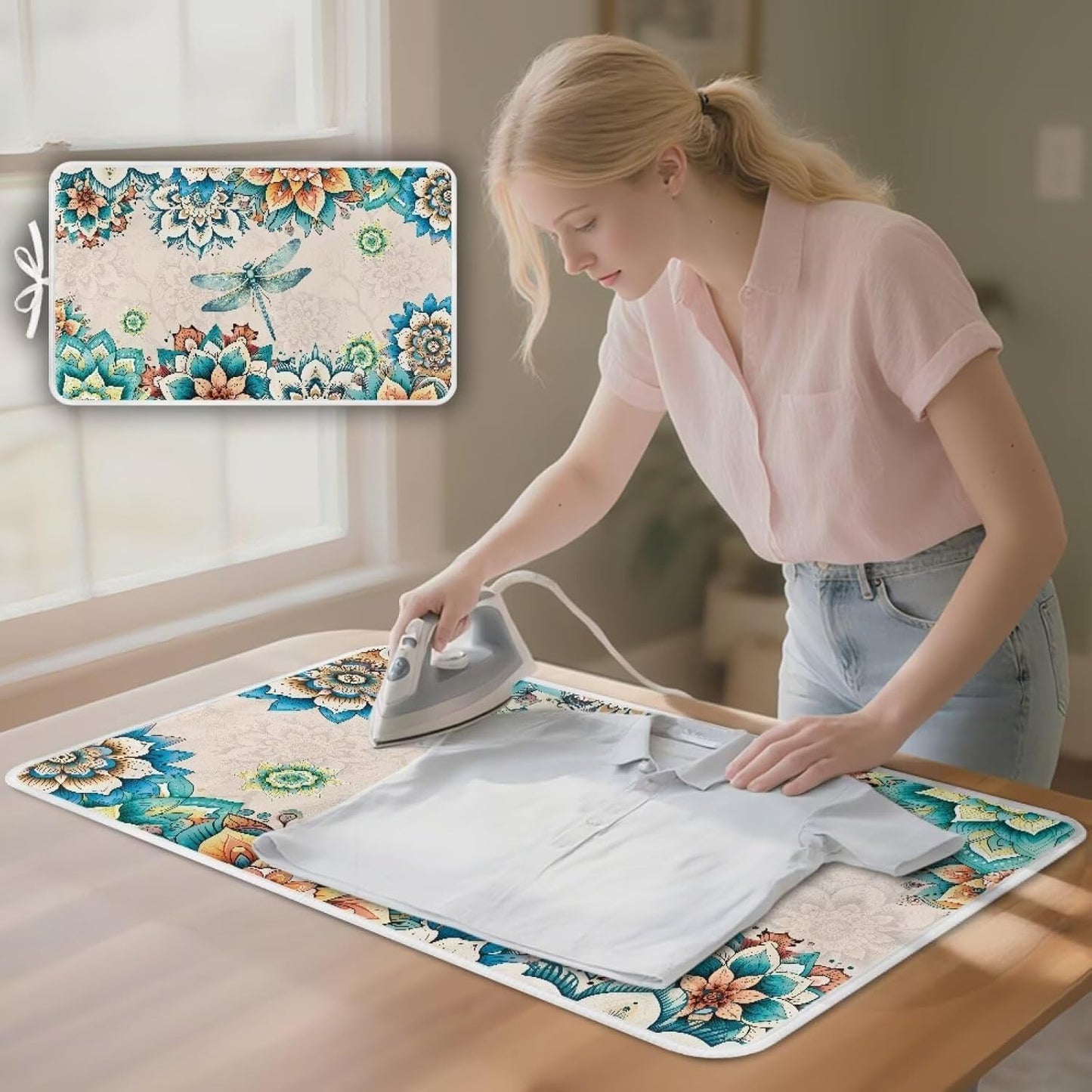 Bohemian Folding Ironing Mat Heat and Steam Resistant Dragonfly Ironing Pad 32 x 16 Inch Foldable Iron Mat for Table Top Washer,Dryer,Large Iron Board Mats Irons Pad