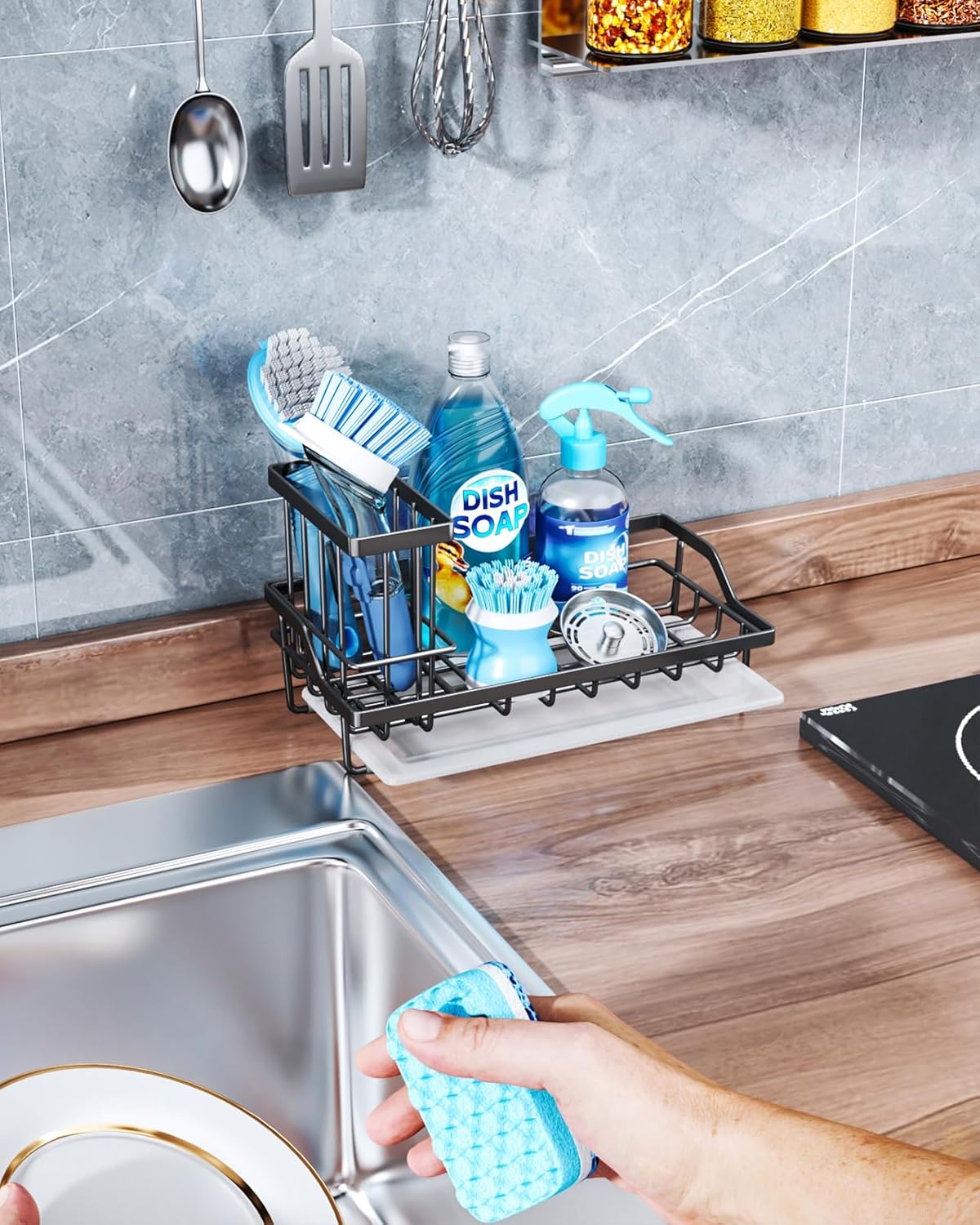 Consumest Sink Caddy, Kitchen Sponge Holder with Dish Brush Holder, Kitchen Sink Organizer with Drip Tray for Countertop Stainless Steel Rustproof, Black-Large