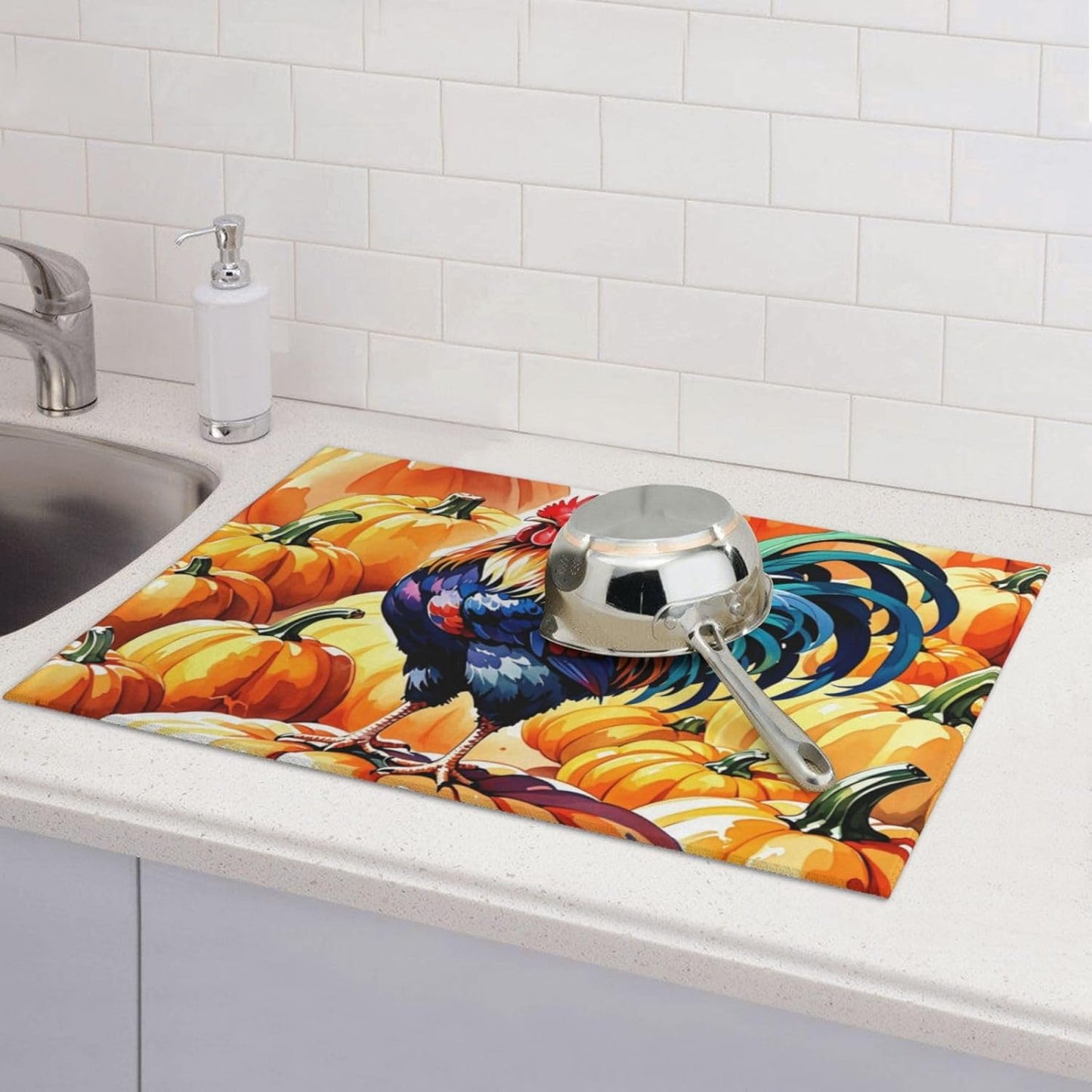 Rooster Pumpkin Dish Drying Mat Highly Absorbent Double-Sided Microfiber with Hanging Loop Reversible Drain Dish Rack Mat Drain Mat Suitable for Kitchen Countertop Coffee Bar 18 x 24 Inch