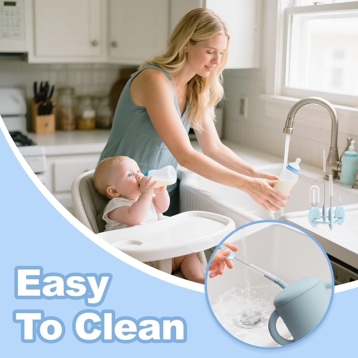 YOTIME Standing Straw Cleaner Brush Set, 4in1 Reusable Straw Brushes with Holder Ring, for Baby Bottles, Sippy Cups and Lids, Blue