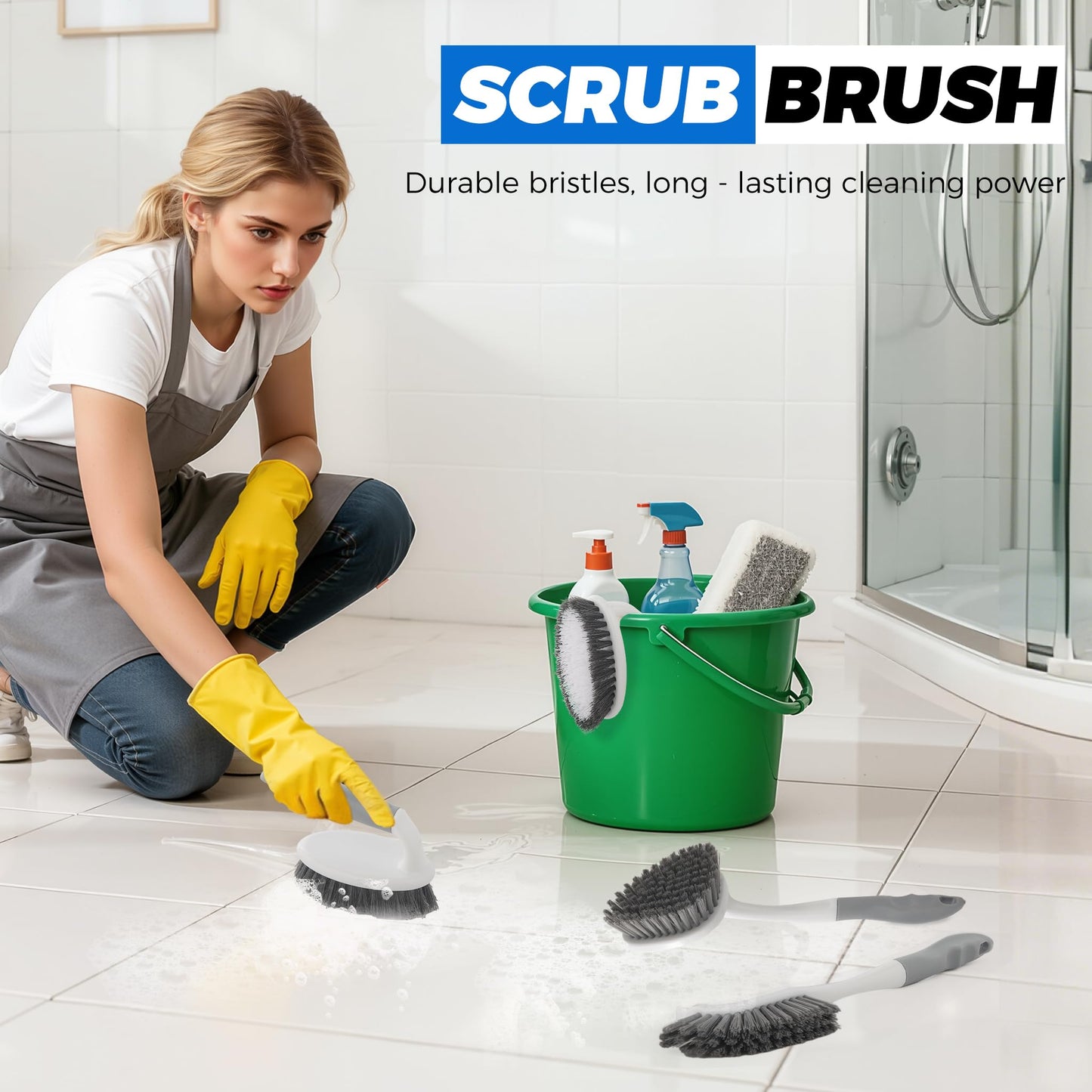 3 Pack Heavy Duty Scrub Brush Set for Household Use, Long Scrub Brush, Handheld Scrub Brush, and