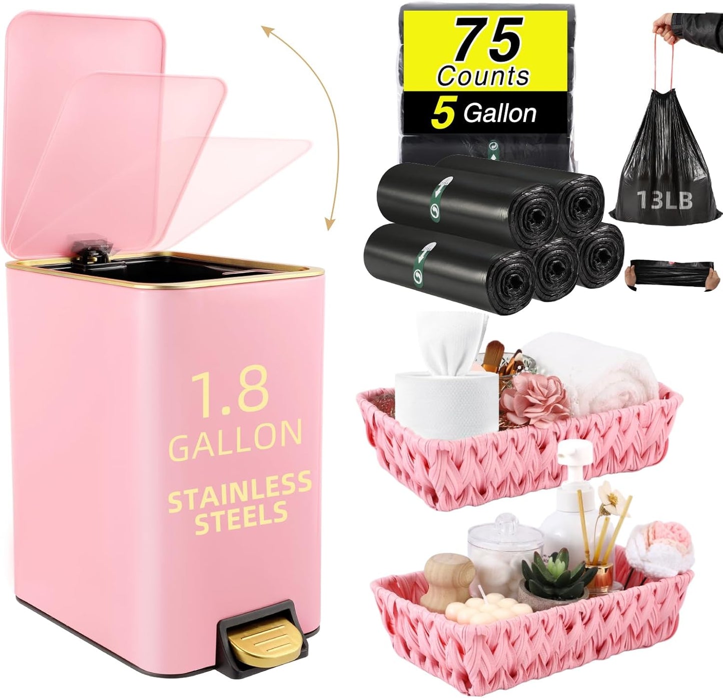 Small Bathroom Trash Can with Lid Soft Close, 1.8 Gallon Stainless Steel Garbage Can with Removable Inner Bucket,Wicker Storage Baskets,75Count Trash Bags, Slim Step Pedal Trash Bins