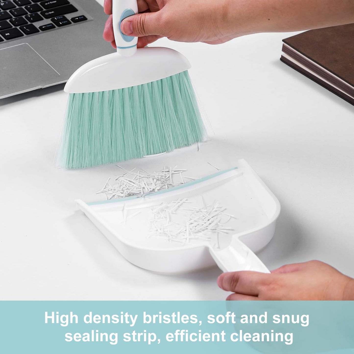 NACENA Small Dust Pan and Brush Set, Mini Broom and Dustpan Set Small Hand Broom and Brush Combo Dust Pan with Teeth for Home Cleaning Drawers Desktop Sofas Pet Care and Outdoor, Blue