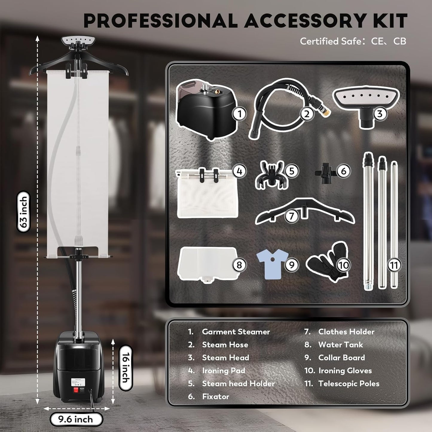 CGOLDENWALL Commercial Standing Garment Steamer for Clothes 1500w Continuous 70 mins Powerful Steam, 30s Fast Heat-up, Includes Fabric brush, Ironing pad, Gloves,Trouser Clips