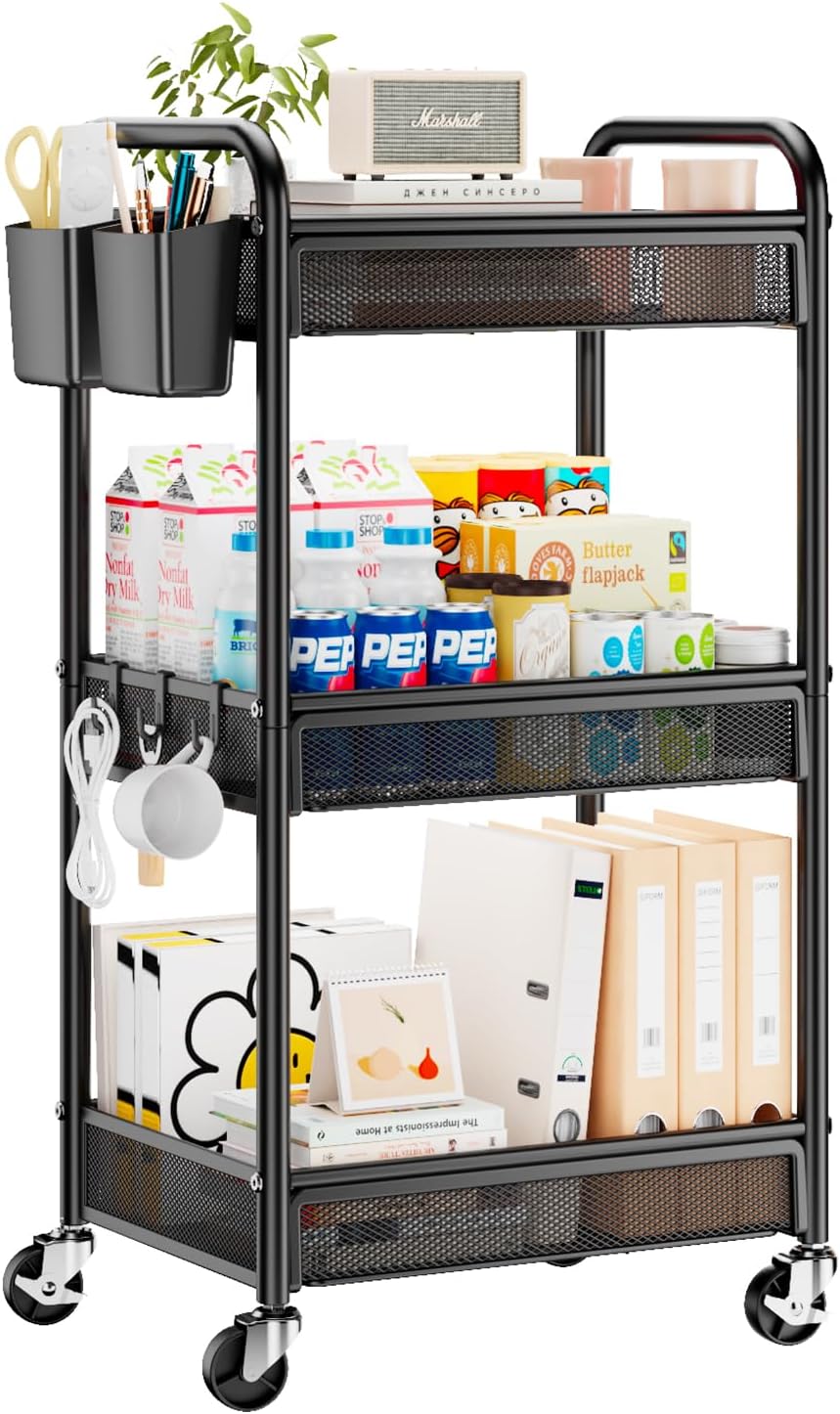 YASONIC 3 Tier Rolling Cart – Metal Utility Storage Cart with Wheels, Craft Cart Organizer with Hanging Cups, Hooks, Mesh Basket for Bedside Kitchen Office Art, Black