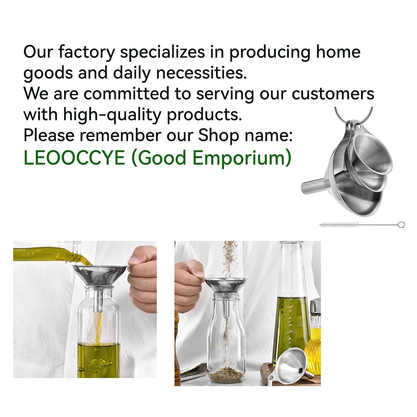 3 Pcs Stainless Steel Kitchen Funnel Made of Food-Grade Stainless Steel That withstands high and Low temperatures Perfect for Storing Liquids and Kitchen Spices or Powders Send a Cleaning Brush