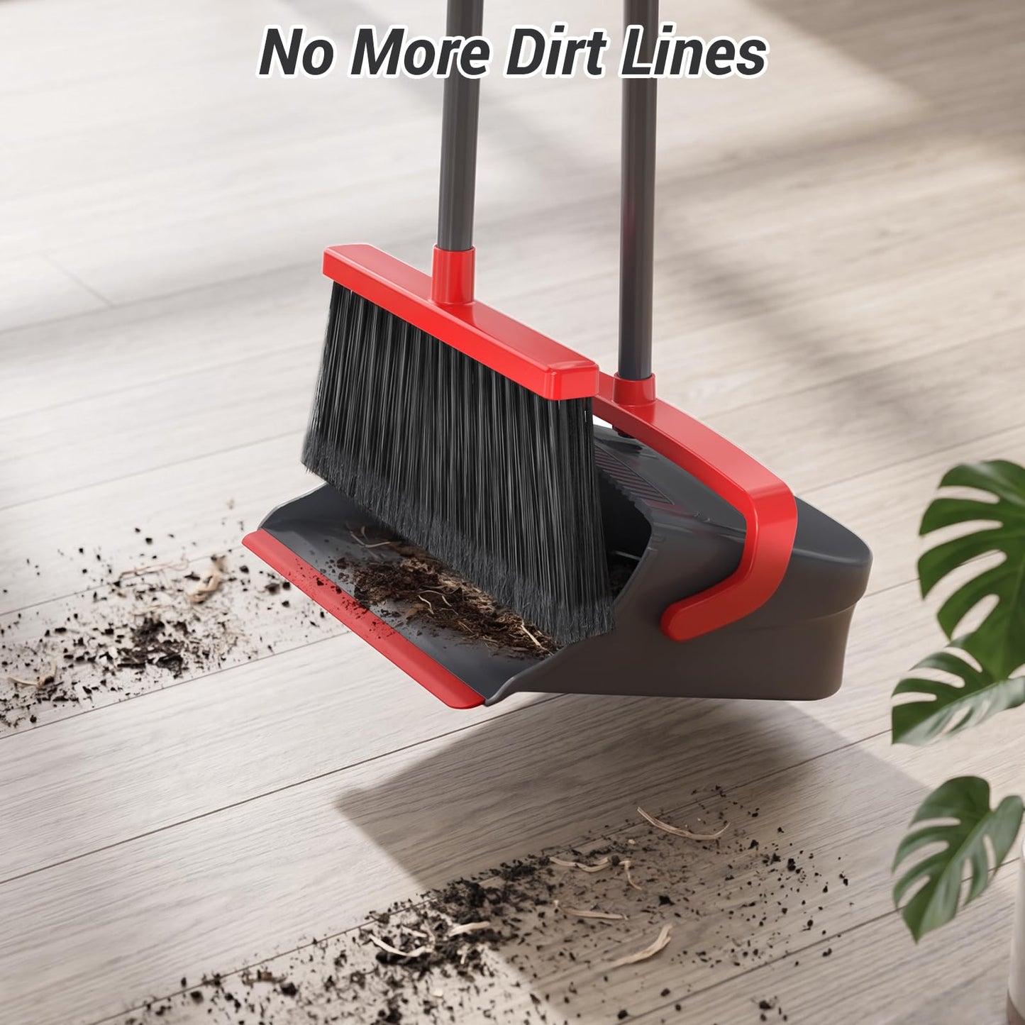 Zeawec Broom with Dustpan Set for Pet Hair & Dust Cleanup, Red & Gray