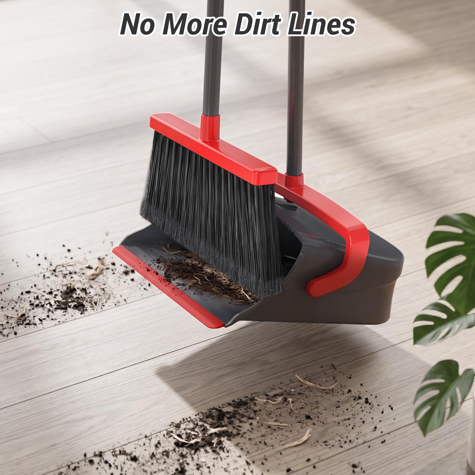 Zeawec Broom with Dustpan Set for Pet Hair & Dust Cleanup, Red & Gray