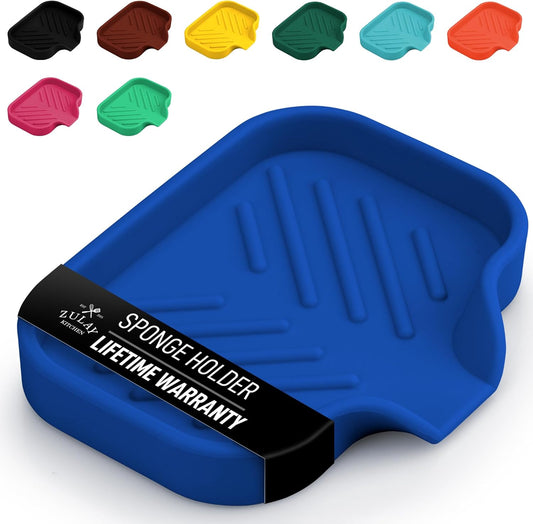 Zulay Kitchen Small Silicone Sponge Holder (4.9x3.3”) – Space-Saving Sink Organizer Tray for Sponge, Soap, Brush & More – Compact Non-Slip Dish for Kitchen & Bathroom (Turkish Sea)