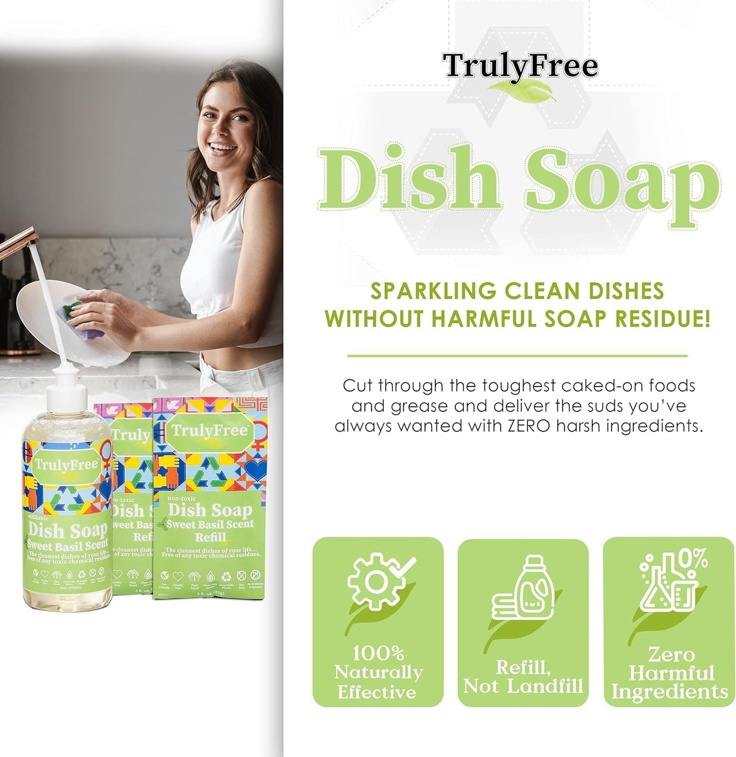 Truly Free Natural Concentrated Dish Detergent Dishwashing Liquid | Plant-Based Dish Soap | Sweet Basil Fresh Scent | Pack of 3
