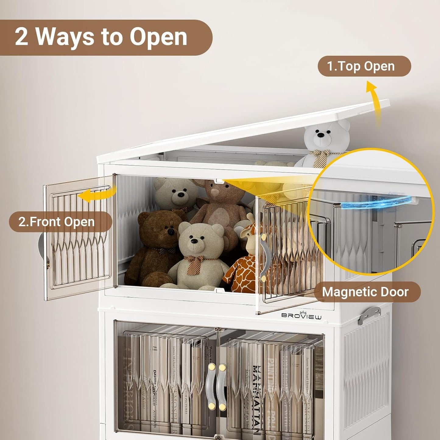 BROVIEW 240Qt Stackable Storage Bins with Lid, Extra Large Closet Organizer Collapsible Drawer Boxes with Wheels, Folding Plastic Cabinet Containers for Home Kitchen Room Organization, 3Pack White