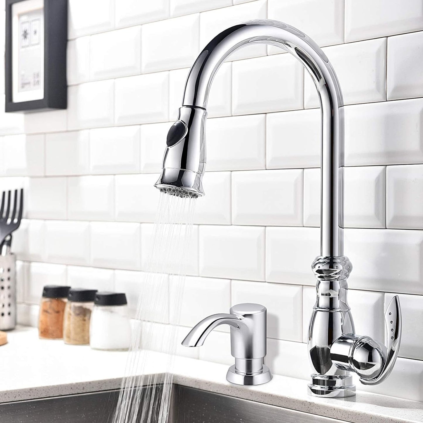 SAMODRA Built in Kitchen Sink Soap Dispenser (Chrome) with 12 oz Large PET Lotion Bottle, Refill from Top