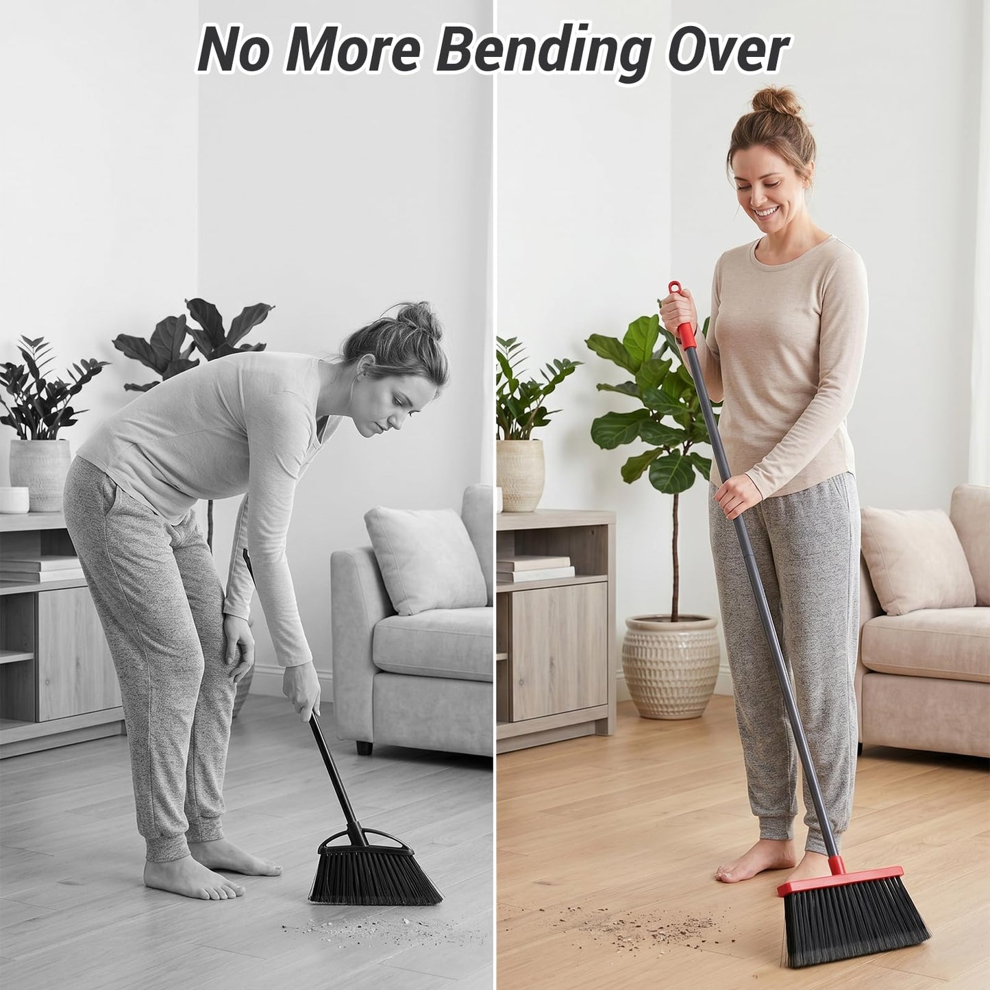 Zeawec Broom with Dustpan Set for Pet Hair & Dust Cleanup, Red & Gray