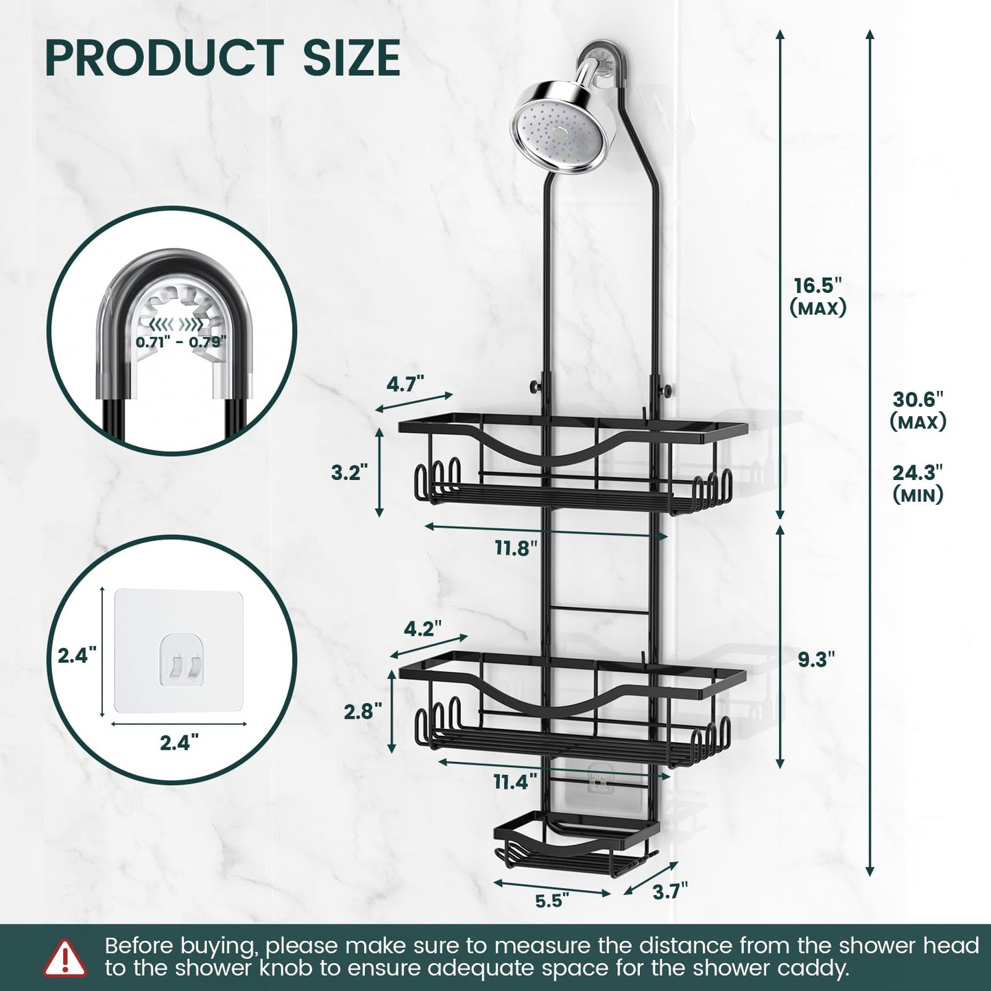 REINHARDT Adjustable Shower Caddy Hanging Rustproof Shower Organizer, Black