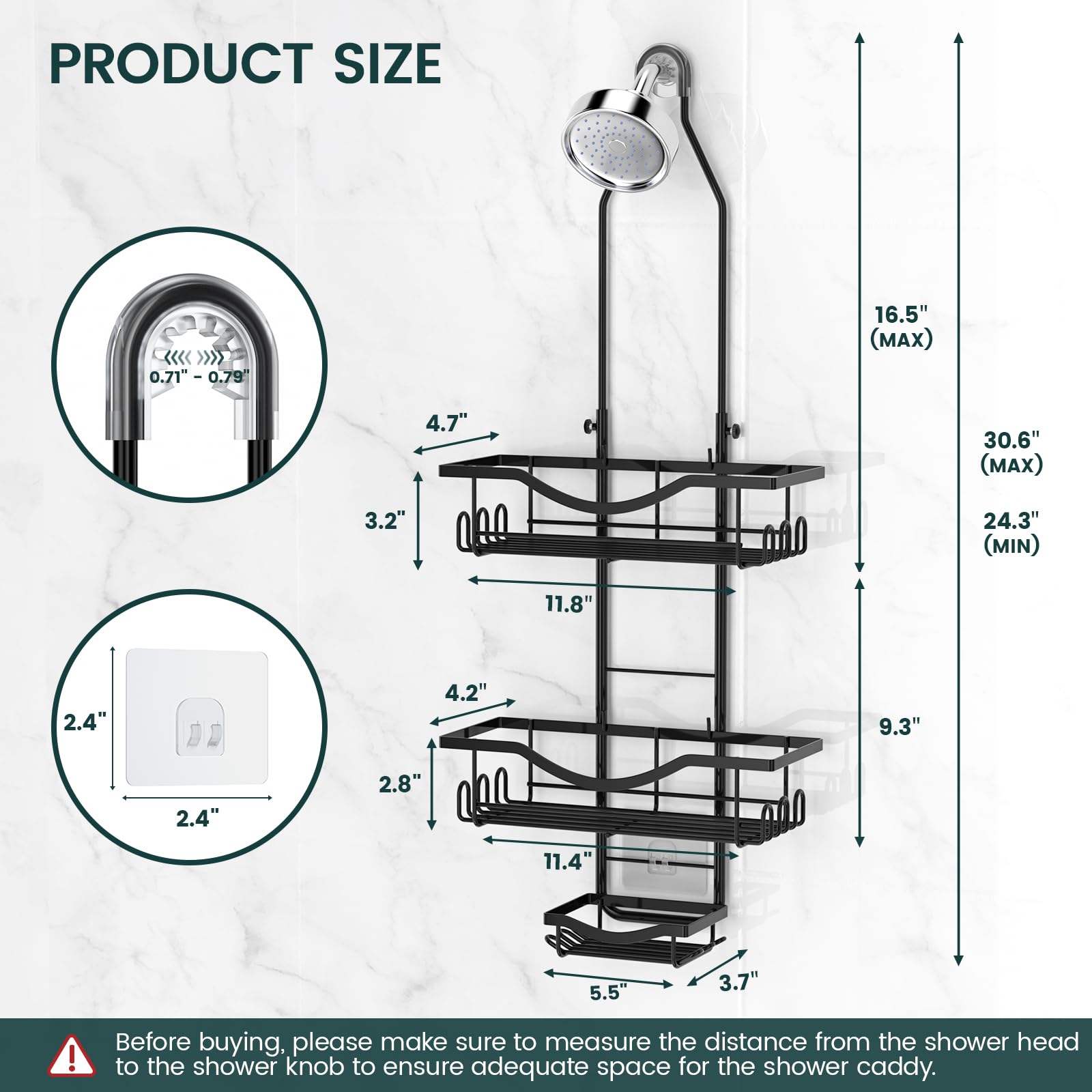 REINHARDT Adjustable Shower Caddy Hanging Rustproof Shower Organizer, Black