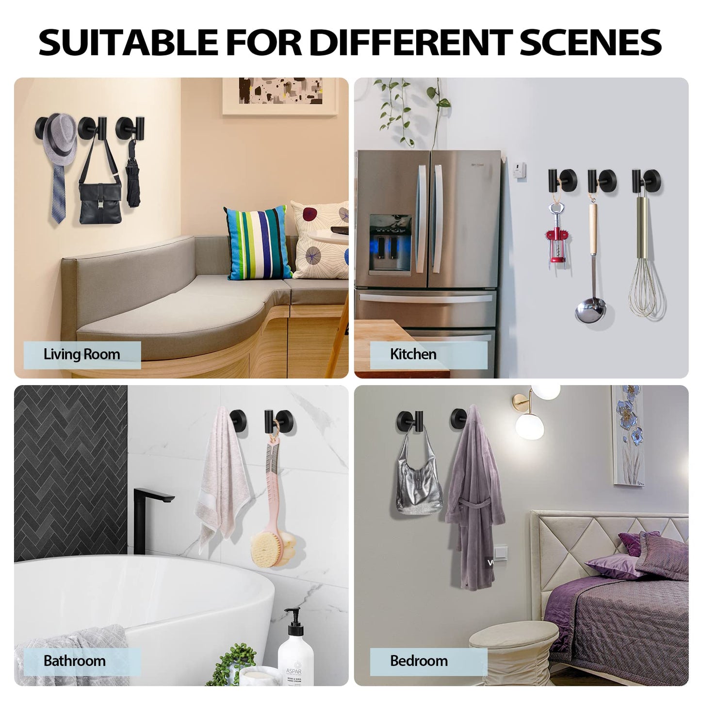 Kruodop Towel Hooks for Bathroom,2 Packs Wall Mount Towel Holder,Black Matte Wall Robe