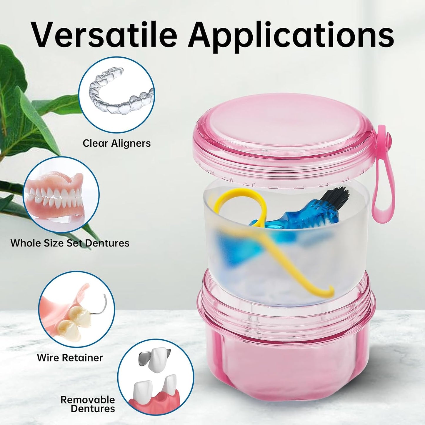 Denture Bath Case Denture Cleaning Cup with Lid Leak Proof, False Teeth Holder Mouthguard Storage Box Retainer Soaking Case for TravelHousehold|Office - Transparent Pink