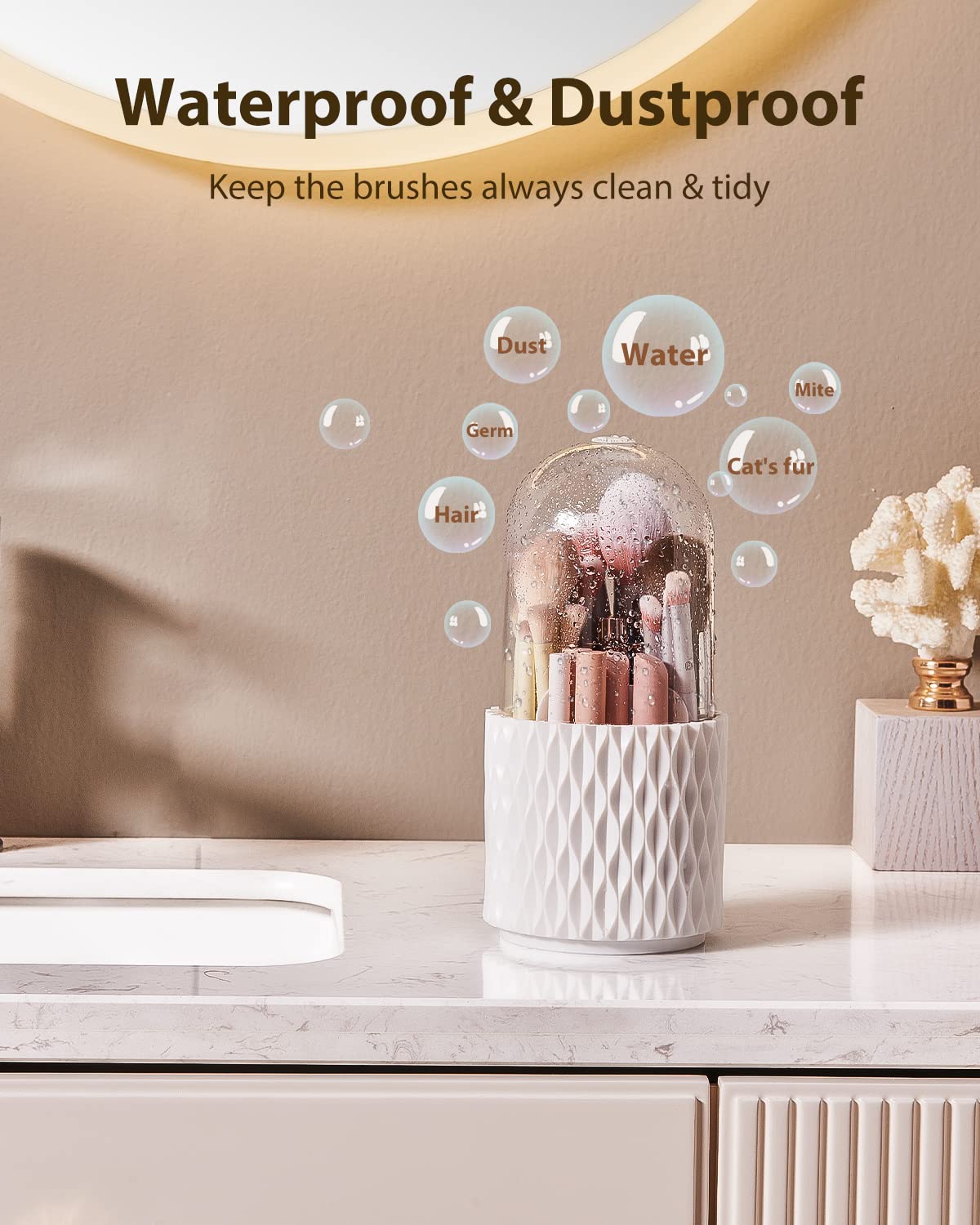 [Upgrade] Rotating Makeup Brush Holder, [Dustproof & Waterproof] 360 Rotating Cosmetics Make up Brush Organizer Storage with Lid for Vanity