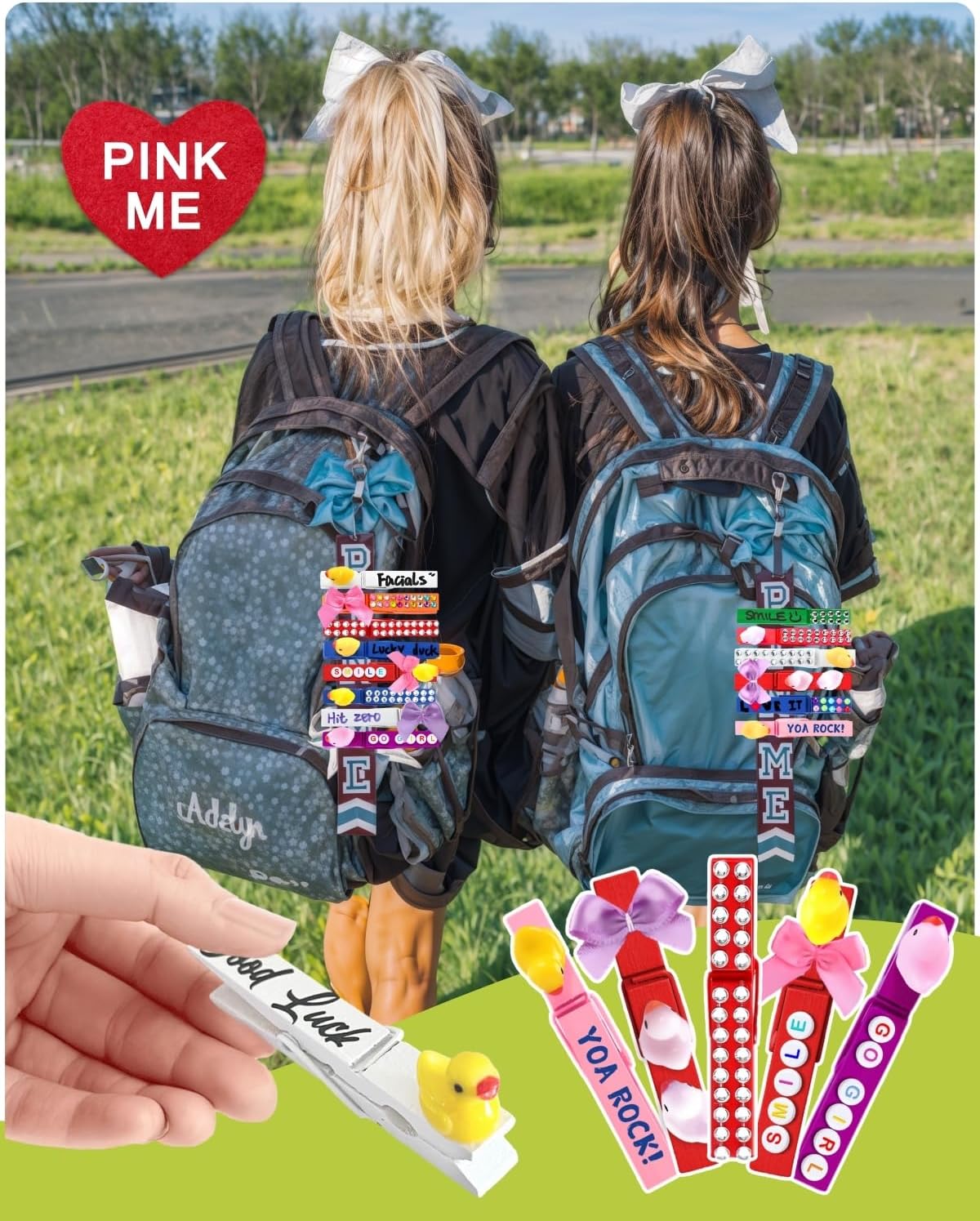 SF SOONEAT Cheer Pins for Backpack Cheer Stuff Kit 70 Colored Clothes Pins with Mini Resin Ducks Bows Letter Beads Team Cheerleaders Gifts Bulk Pin Me Ribbon for Bag Decorations Colorful Spirit Clips