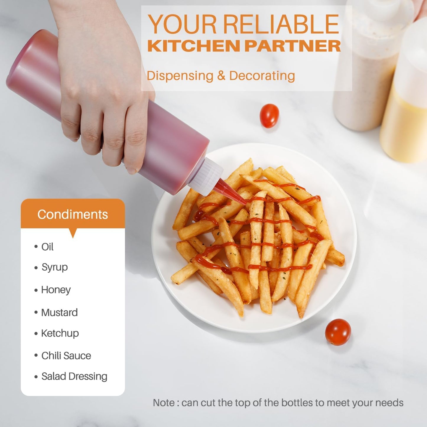 Squeeze Bottles, 16oz Plastic Condiment Squeeze Bottles with Labels & Funnels & Brusher for Liquids Sauces Ketchup Oil, 6 Pack