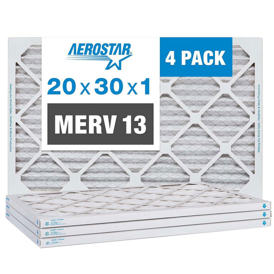 Aerostar 20x30x1 MERV 13 Air Filter, 4 Pack Set of HVAC Furnace Filters, Electrostatic MPR
