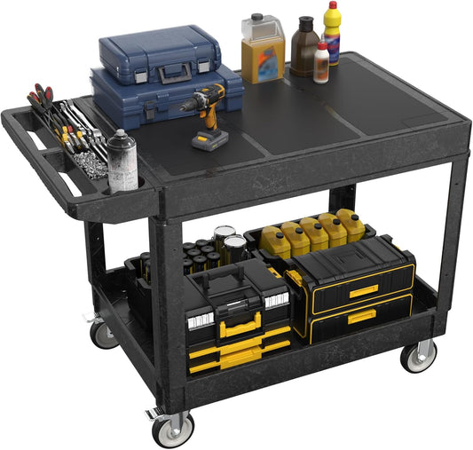 Large Garage Flat Top Utility Cart, Heavy Duty 2 Shelf Tool Cart Service Cart Rolling Push Carts
