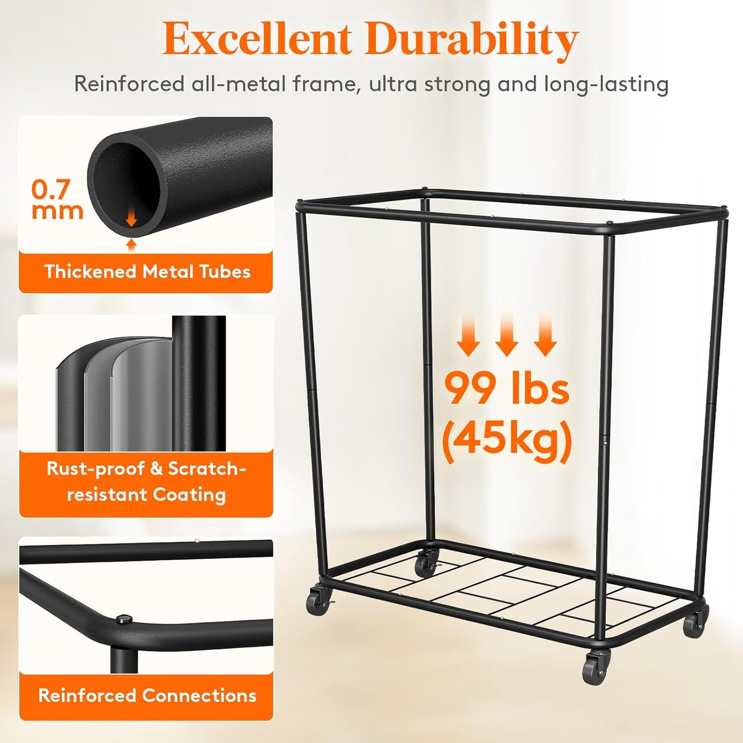 Lifewit 240L Laundry Basket with Wheels, Large Heavy Duty Commercial Rolling Laundry Hamper with Handles, Tall Steel Frame Laundry Cart for Laundry Room Bedroom Hotel Home Dorm, Black