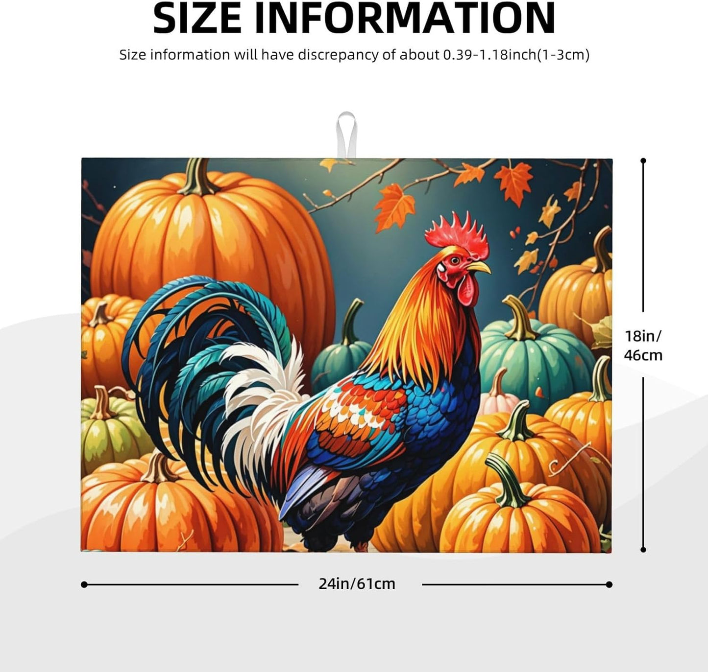 Rooster Pumpkin Dish Drying Mat Highly Absorbent Double-Sided Microfiber with Hanging Loop Reversible Drain Dish Rack Mat Drain Mat Suitable for Kitchen Countertop Coffee Bar 18 x 24 Inch