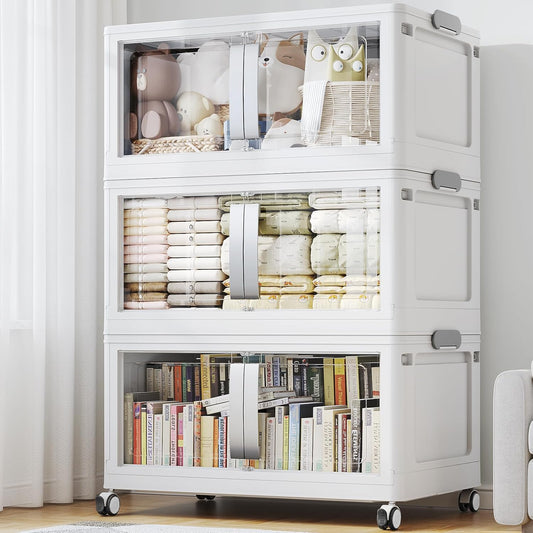 BROVIEW 480QT Stackable Storage Bins with Lids, 120Gal Extra Large Collapsible Storage Box with Wheel, Plastic Storages with Clear Door Open Front for Home Kitchen Garage, White-3pack(3 lids)