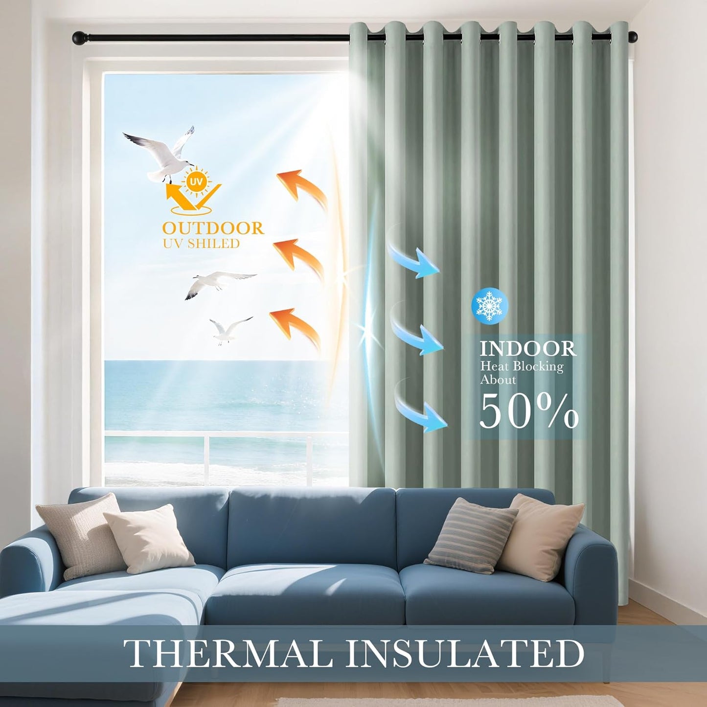 PONY DANCE Sage Green Small Curtains for Kitchen - Blackout Thermal Insulating Curtain for Bedroom Bathroom with Grommet Top, Light Green Drapes for Bedroom, Wide 42 x Long 40 inches, Set of 2