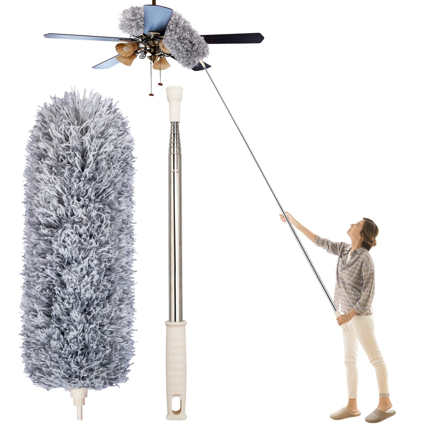 Microfiber Feather Duster, High Ceiling Fans with 30-100 Inch Pole, Gray