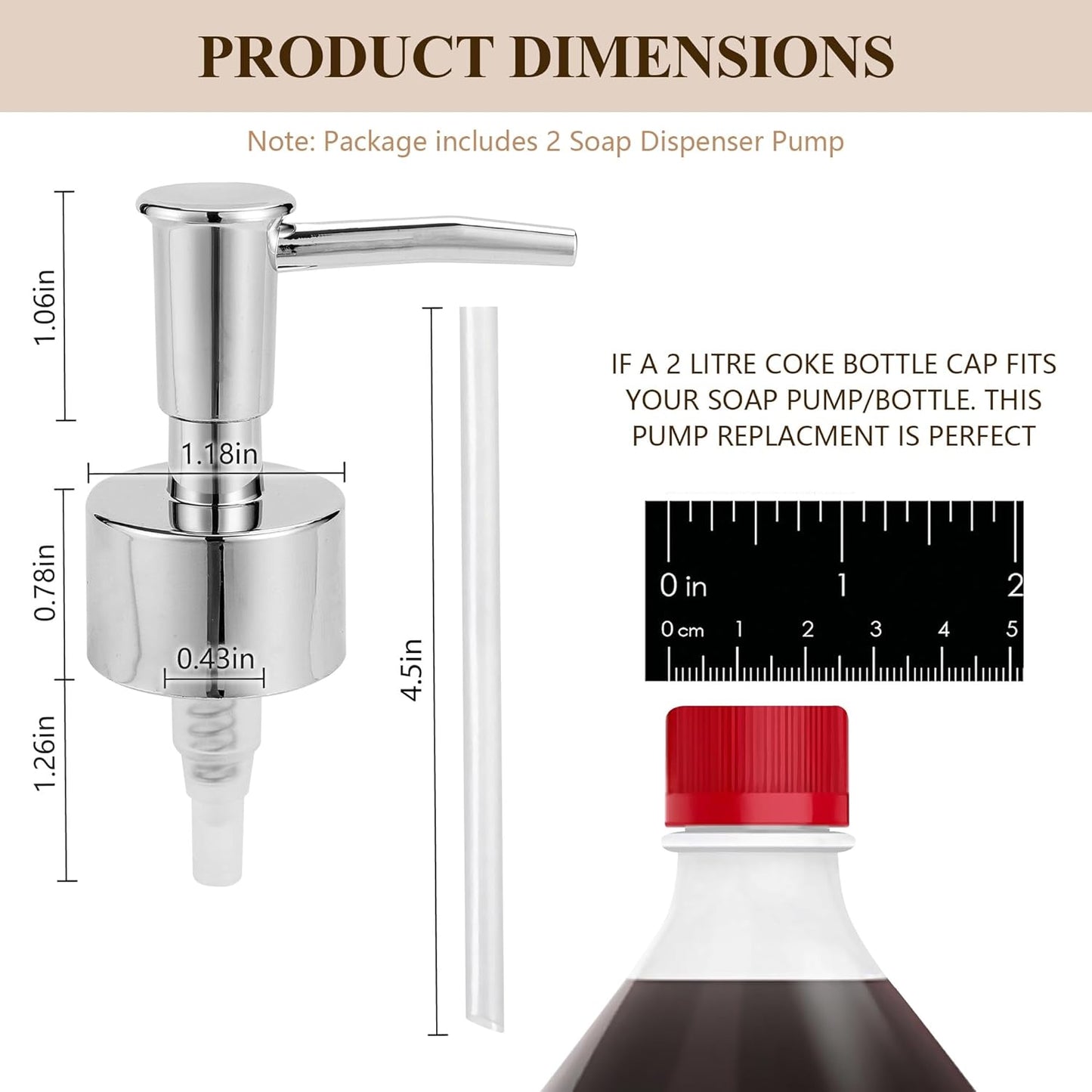 Soap Dispenser Pump Replacement, Soap Pump Dispenser Head for Liquid Soap, Lotion, Dish Soap Refill Dispenser, Ideal for Kitchen Bathroom Sink Various Bottles, 2Pack, Silver