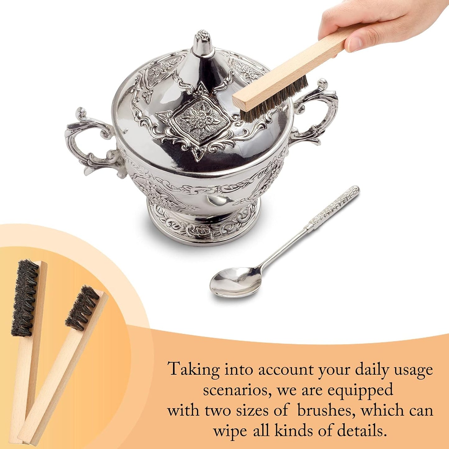 Patelai 6 Pieces Silver Polish Set, 4 Silver Cleaning Horsehair Brushes with 2 Pieces Polish Cloth Jewelry Cleaning Kit for Detail Work, Jewelry Tarnish Silverware Plateware(Classic)