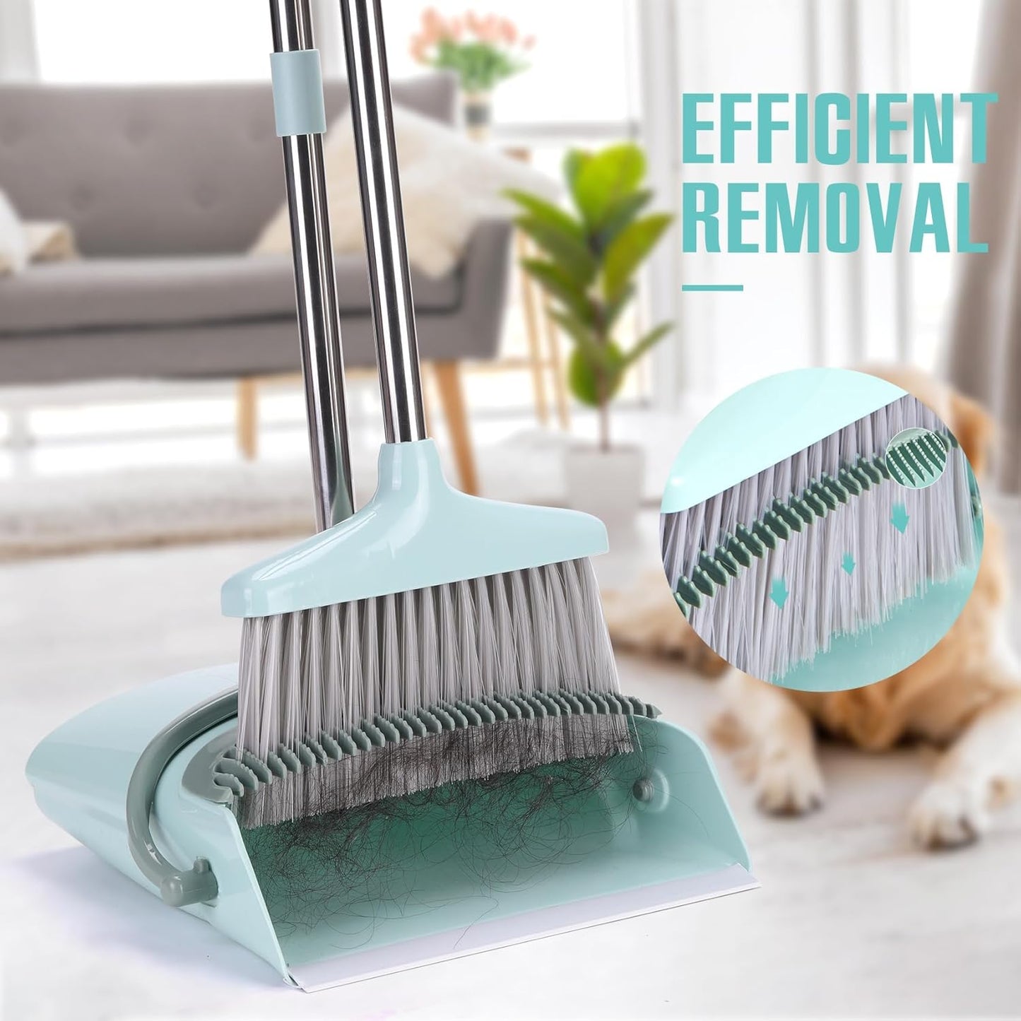 XXXFLOWER Broom and Dustpan Set with Cleaning Teeth, 55" Long Handle Indoor Sweeping Combo for Home Office Kitchen, Bluish Green