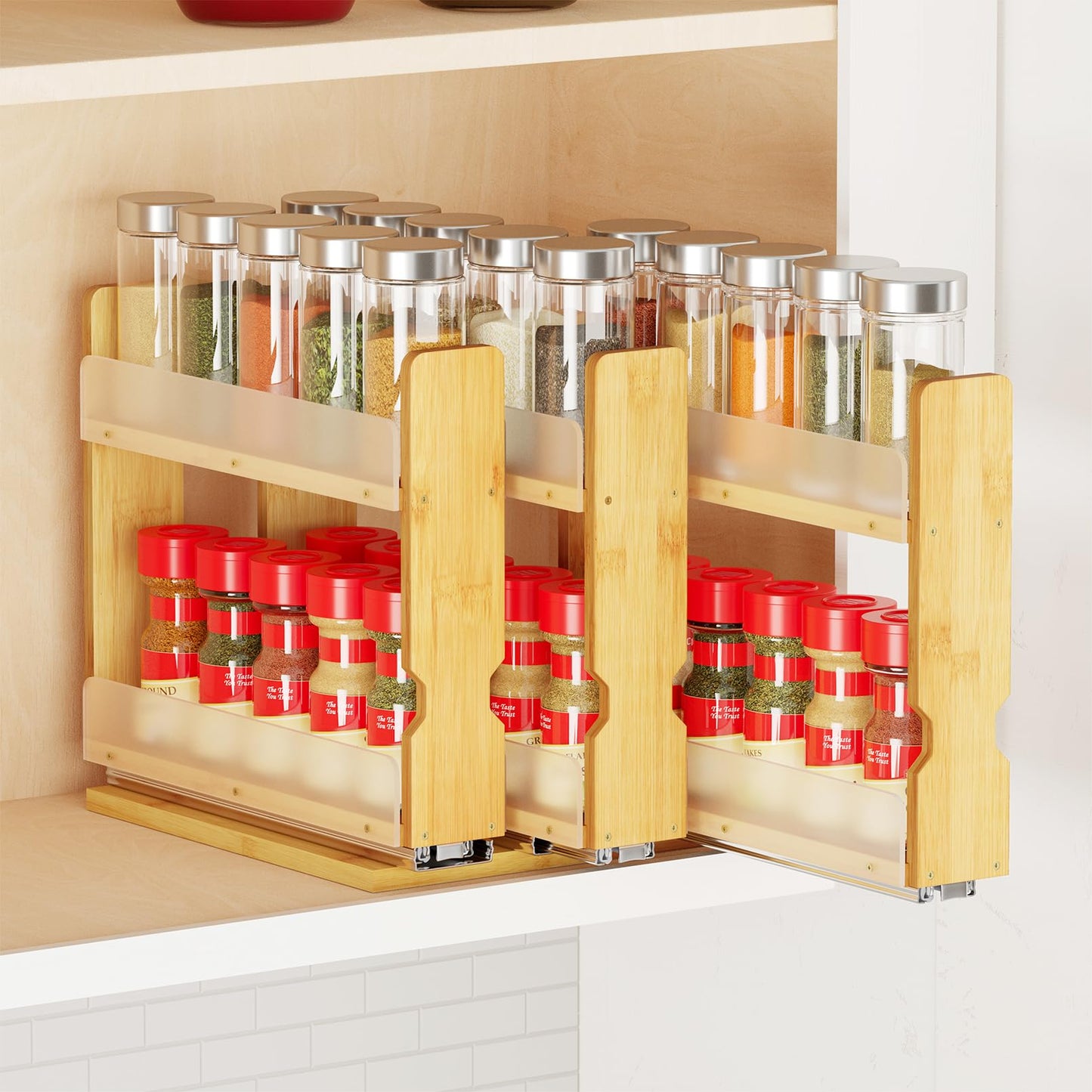 SpaceAid Bamboo Pull Out Spice Rack Organizer for Cabinet, Heavy Duty Slide Out Seasoning Kitchen